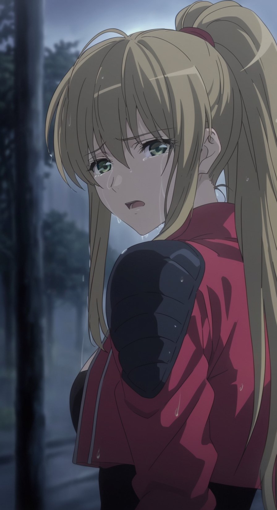 Visual Anime, masterpiece, best quality, @Drei, solo, long hair, ponytail, looking at viewer, crying_with_eyes_open, green eyes, black overbust corset, cal red cropped jacket, sadness, open mouth, tears running down face, upper body, brown hair, outdoors, rain, looking back, blurry, tree, blurry background, overcast, anime_screencap, fake_screenshot, dark sky, sorrow, sad, wet, Cal Devens, Cal Devens Adult-Ver,