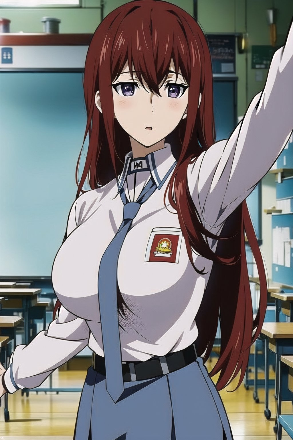 (masterpiece, Visual_Anime, screencap, more detail:1.1,  best quality:1.3),  (classroom:1.3),  highres,  detailed background, Makise_Kurisu,  1girl, solo, long hair, looking at viewer, blush, bangs, purple eyes, Karakter Anime Pake Baju SMA, blue skirt,  blue necktie, hair between eyes, open mouth, white shirt, upper body, standing, kneehighs, red hair, parted lips, Lambang Osis SMA, black belt, hand up, classroom, blurry, blurry background, sunlight, mature,  large breasts, looking at viewer,  open mouth
BREAK 
(long white sleeve:1.2), upper body,  shiny hair,  anime color, indoor, Anime,