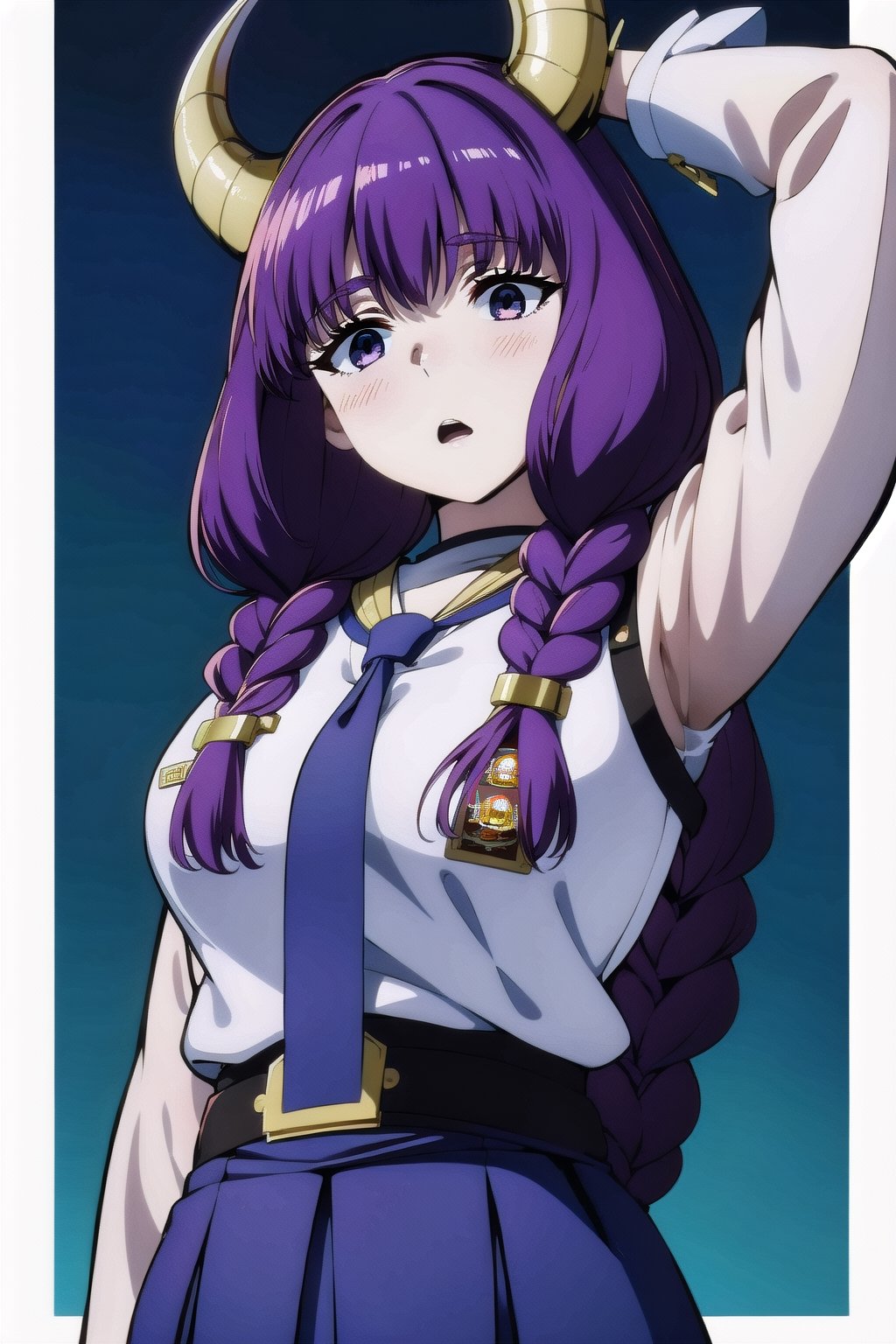 (masterpiece,  Visual_Anime, Baju SMA,  more detail:1.1,  best quality:1.3),  (simple background:1.3),  highres,  detailed background, TheGuillotineAura, 1girl, demon horns, solo,  multiple braids,  looking at viewer,  blush,  purple eyes, thick eyebrows,  Karakter Anime Pake Baju SMA,  blue skirt,  (((blue necktie))),  open mouth,  upper body,  standing,  kneehighs, long hair, purple hair,  parted lips,  Lambang Osis SMA,  black belt,  blue flat background,  looking at viewer,  open mouth
BREAK
(long white sleeve:1.2),  shiny hair,  anime color,TheGuillotineAura,aura the guillotine