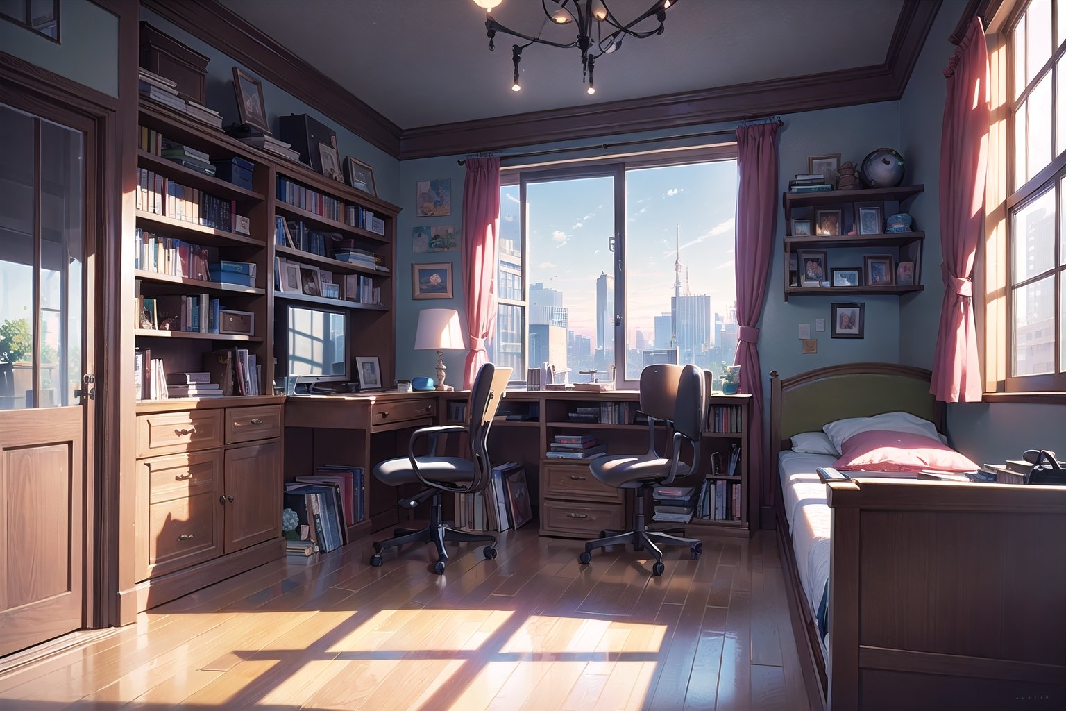 (masterpiece,more detail:1.1, best quality:1.3), (room:1.3), books, globe, screens, windows, wires, mess, A little girl combed her mothers hair, fullbody, anime style, makoto shinkai, 