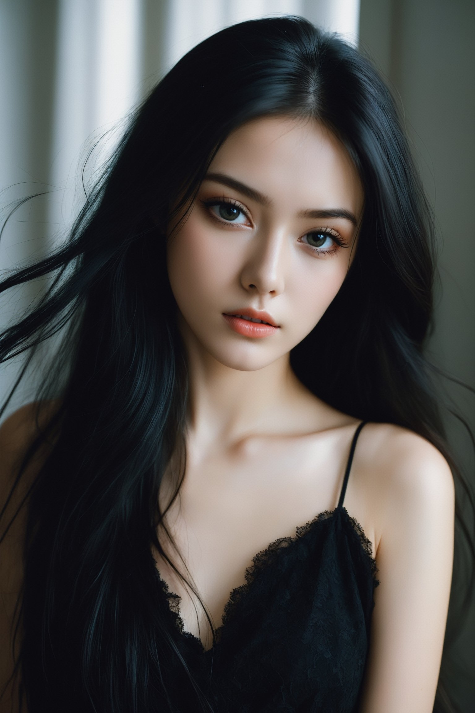 26 y.o. russian girl, eyeshadow, long eyelashes, (messy hair:0.6), film photography aesthetic, long black hair, dynamic composition, skin texture, sharp focus, hard shadows