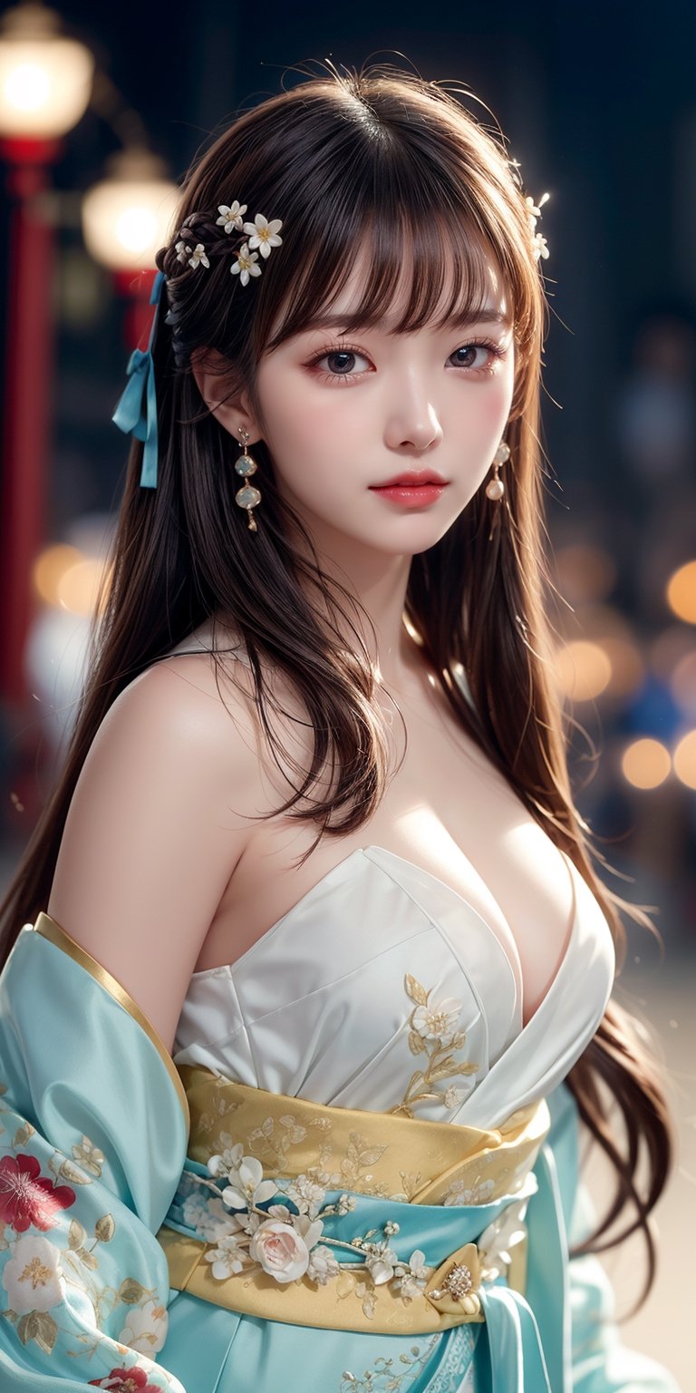 masterpiece,1 girl, very bright backlighting, solo, {beautiful and detailed eyes}, large breasts,dazzling moonlight, calm expression, natural and soft light, hair blown by the breeze, delicate facial features, Blunt bangs,long hair,beautiful korean girl, eye smile,looking at viewer, wearing a fashionable hanfu, hair ornament, earrings, realistic detailed skin texture, detailed hair, 20 yo, ((model pose)), Glamor body type, bare shoulder,(colorful hanfu),beautiful and detailed flowers on hair,shot in chinese palace,fanstic night,and a hint of the night cityscape in the background,(halfbody shot:1.3),