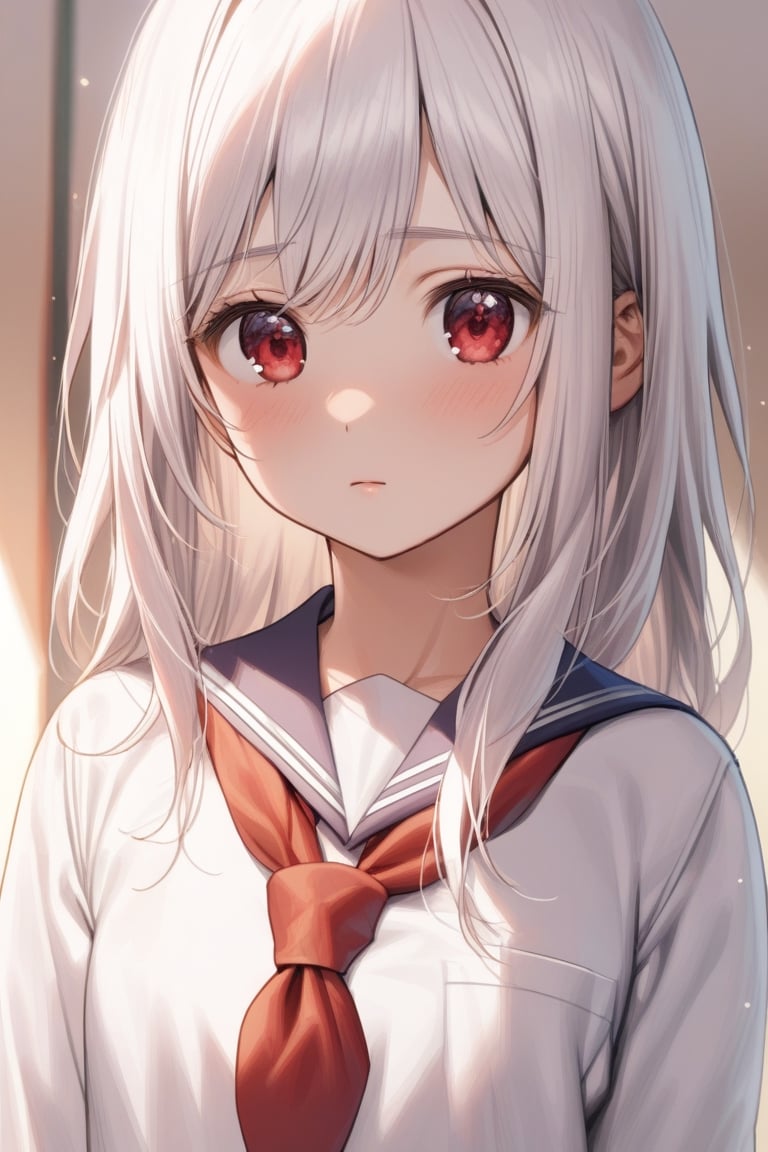 1girl, standing, beautifull face, close up, good body, detailed body, school uniform, white hair, red eyes,