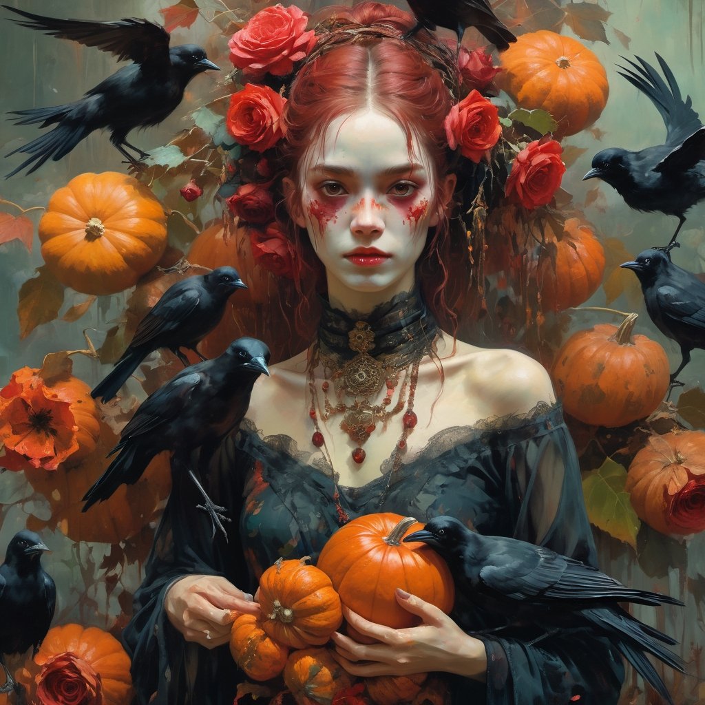 (art by apterus, peter polach), skeletal, 1girl, day of the dead, hairy pussy, dia de los muertos, day of the dead festival, dried horror pumpkin mask, tattered rags, fog and mist, flat chest, small breast, surrounded by rotten pumpkins, masterpiece, official art, unity 8k wallpaper, ultra detailed, beautiful and aesthetic, best quality, intricate details, official art, unity 8k wallpaper, ultra detailed, beautiful and aesthetic, beautiful, masterpiece, best quality, portrait of the most beautiful form of chaos, elegant, a brutalist designed, vivid colours, romanticism, by james jean, roby dwi antono, ross tran, francis bacon, michal mraz, adrian ghenie, petra cortright, gerhard richter, takato yamamoto, ashley wood, atmospheric, a girl with (black crows:1), (black birds:1.2), and red roses, (symmetry), (limited color palette), extremely lush and colorful hair, (full body:1.3)
