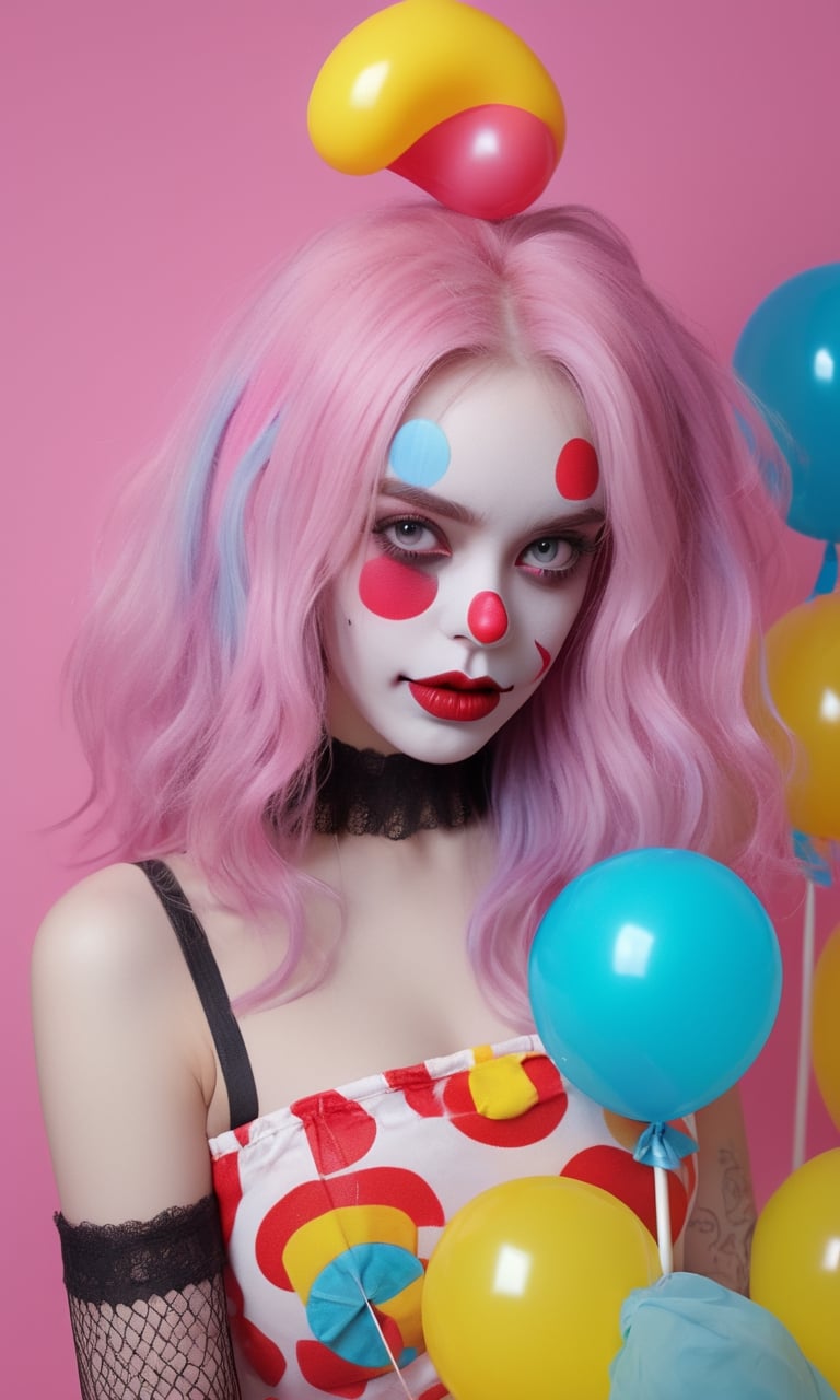 1girl, A half portrait of a sexy clown girl, e-girl, highly detailed, multicolored, very long hair, best quality, beautiful face, flirtatious pose, smirk, pinup, perfect face, scary, creepy, nightmare, enticing, holding enormous oversized lollipop, colorful lollipop, torn fishnet stockings, goth, birthday cake, balloons, lollipop, candies, (bubblegum Vaporwave aesthetic), high contrast, (natural skin texture, hyperrealism, soft light, sharp)
