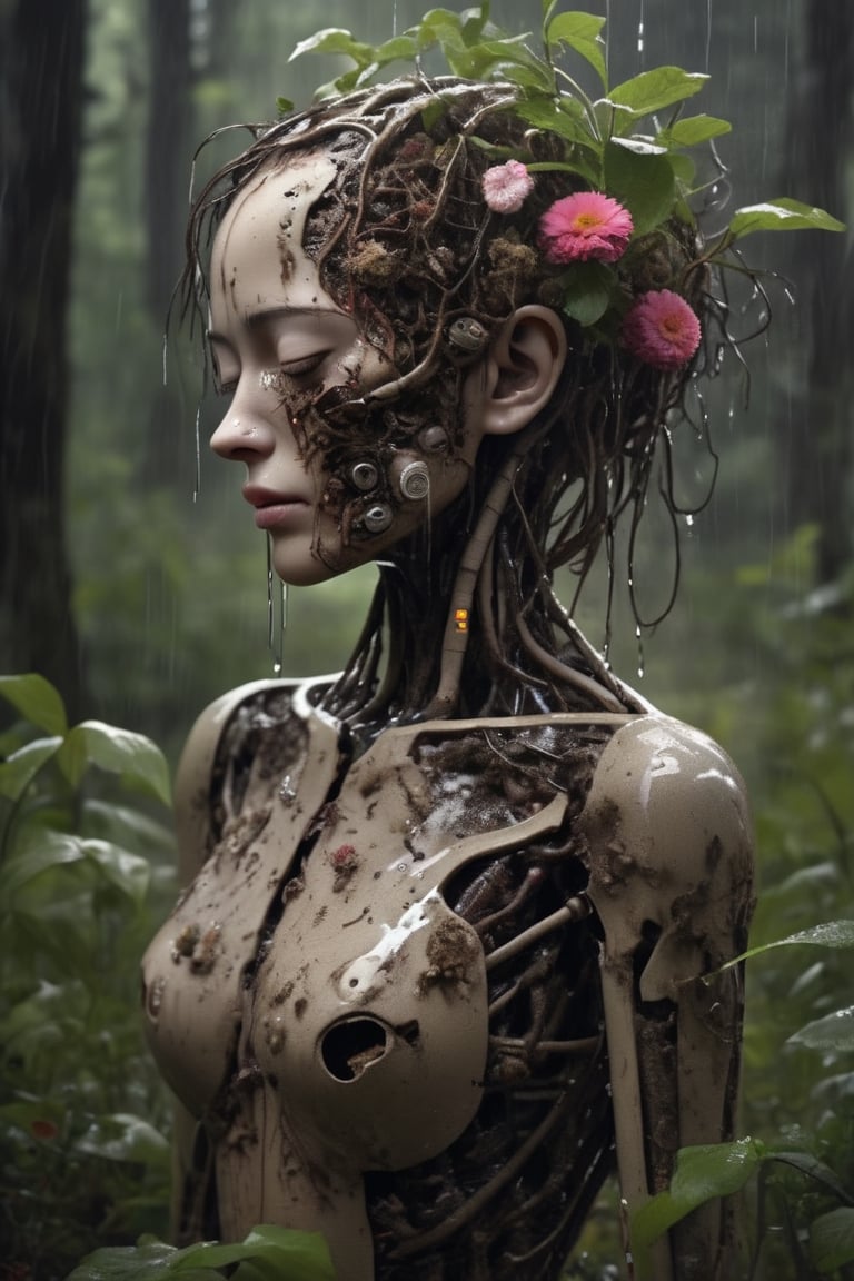 photo of a decayed female robot with the top half of her head cut off, no brain, instead filled with maggots, worms and plants and flowers, half of body is melted into the ground, eyes closed, wet with rain, masterpiece, high res, intricate, professional, photorealistic, dark forest background