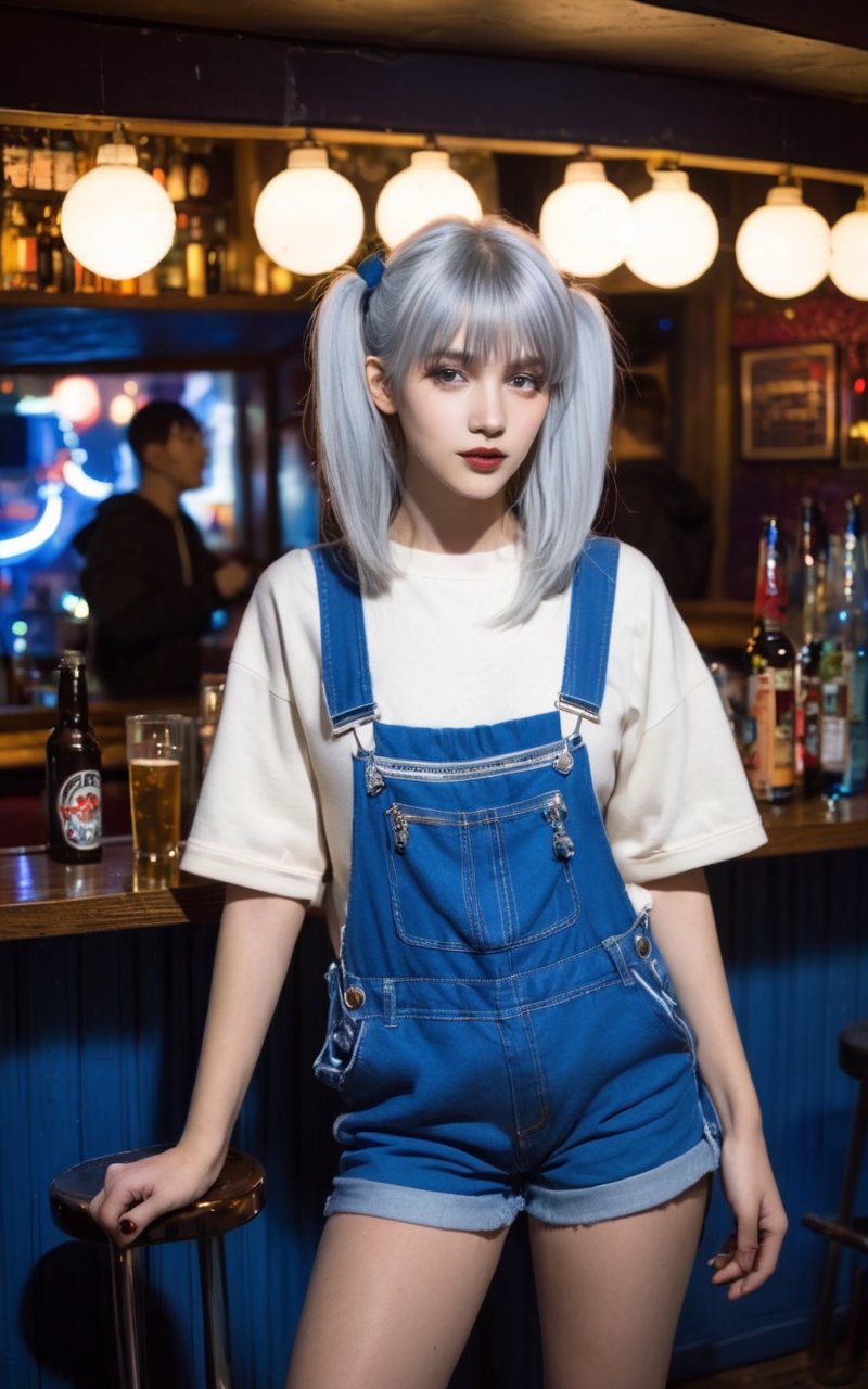 1girl, silver hair, very long hair, center parted bangs bangs, hooded sweatshirt blue dungarees garter straps loafers, sci-fi in bar midnight,