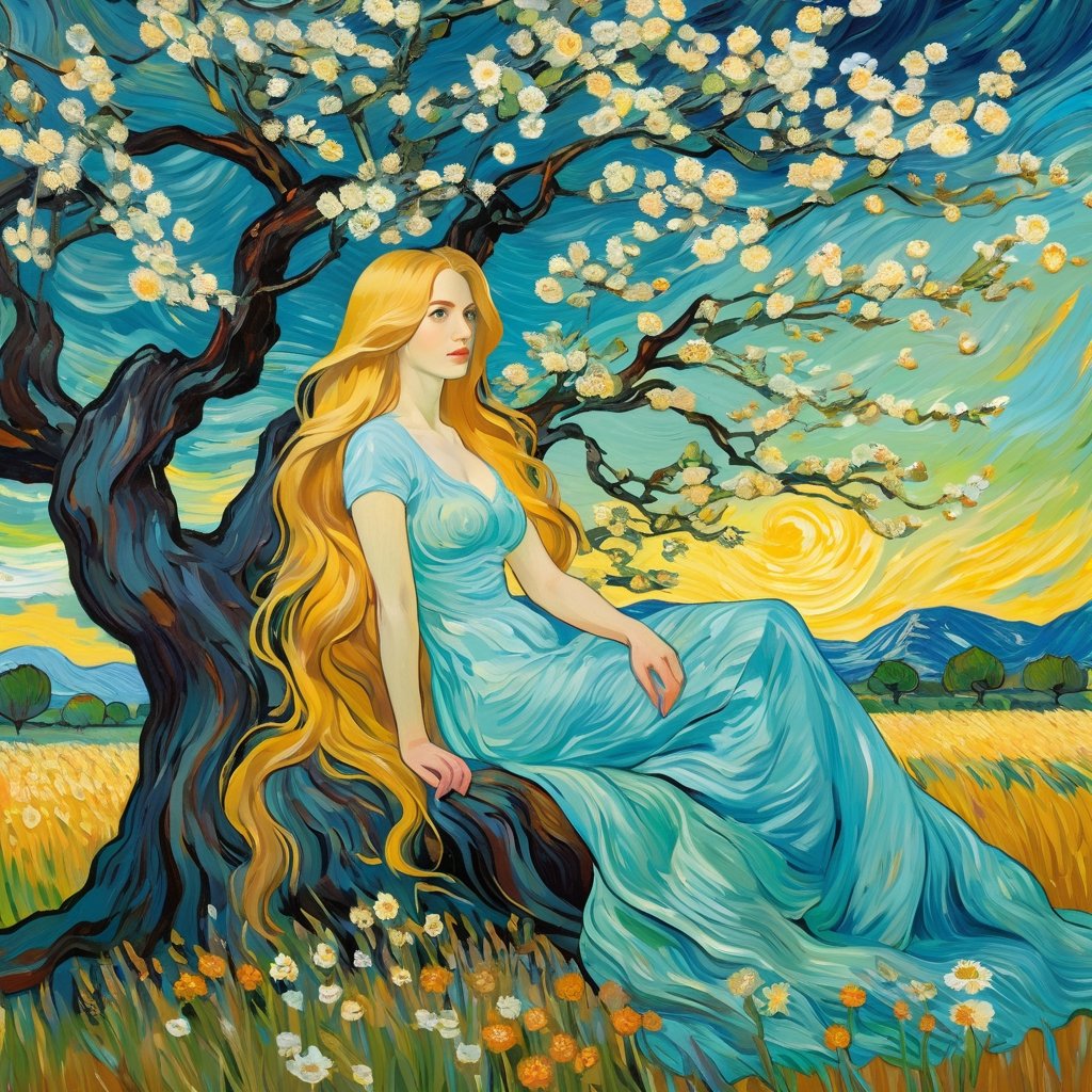 beautiful woman with long flowing hair, sitting at hisstation in an open field of flowers, (standalone tree:1.4), painted by van gogh, fantasy art style, intricate
