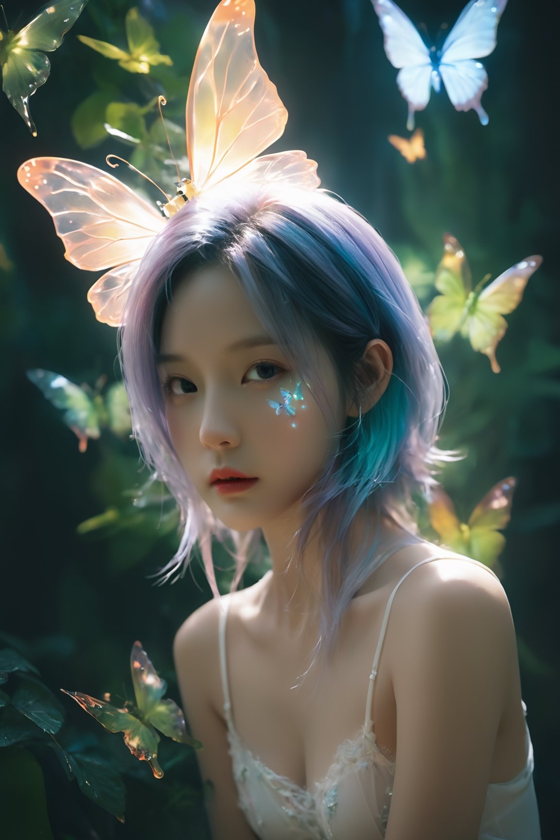 Cinematic of fairy girl, cool_vibe, small_nose, (范冰冰), realistic artwork, high detailed, professional, upper body photo of a transparent porcelain cute creature, with glowing backlit panels, anatomical plants, dark forest, grainy, shiny, with vibrant colors, colorful, ((realistic skin, glow,)) surreal objects floating, ((floating:1.4)), contrasting shadows, photographic, niji style, 1girl, xxmixgirl, FilmGirl, aura_glowing, colored_aura, Movie Still, final_fantasy_vii_remake, ((big_breast:1.3)), transparent butterflies