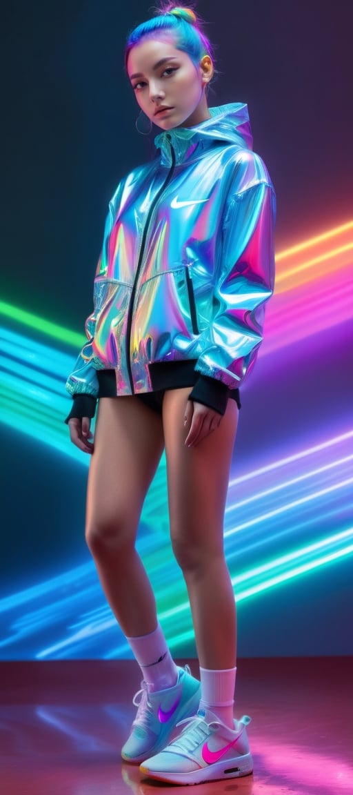 xxmixgirl, blue neon lights, somber expression, photorealistic, hyperdetailed, hyperrealism, cinematic, full body
flowing rainbow colored holographic background. Keywords: nike,  holographic,  iridescent,  vaporwave,  fluid., 