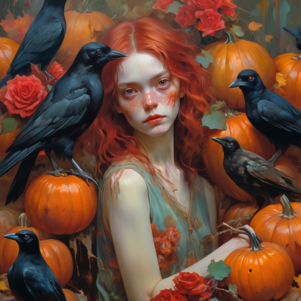 (art by apterus, peter polach), skeletal, 1girl, day of the dead, hairy pussy, dia de los muertos, day of the dead festival, dried horror pumpkin mask, tattered rags, fog and mist, flat chest, small breast, surrounded by rotten pumpkins, masterpiece, official art, unity 8k wallpaper, ultra detailed, beautiful and aesthetic, best quality, intricate details, official art, unity 8k wallpaper, ultra detailed, beautiful and aesthetic, beautiful, masterpiece, best quality, portrait of the most beautiful form of chaos, elegant, a brutalist designed, vivid colours, romanticism, by james jean, roby dwi antono, ross tran, francis bacon, michal mraz, adrian ghenie, petra cortright, gerhard richter, takato yamamoto, ashley wood, atmospheric, a girl with (black crows:1), (black birds:1.2), and red roses, (symmetry), (limited color palette), extremely lush and colorful hair, (full body:1.3)
