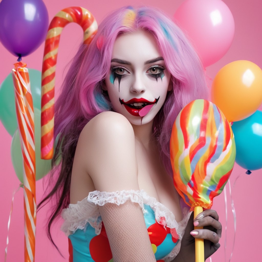 1girl, A half portrait of a sexy clown girl, e-girl, highly detailed, multicolored, very long hair, best quality, beautiful face, flirtatious pose, smirk, pinup, perfect face, scary, creepy, nightmare, enticing, holding enormous oversized lollipop, colorful lollipop, torn fishnet stockings, goth, birthday cake, balloons, lollipop, candies, (bubblegum Vaporwave aesthetic), high contrast, (natural skin texture, hyperrealism, soft light, sharp)
