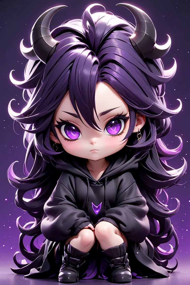 Purple Eyes Deep purple hair with black streaks in the hair and wearing a long black hoodie Beautiful girl with long hair sparkling eyes has black horns on her head she sits beaming in the morning image direction (Super Chibi) (Very Small Body) (Medium angry) (black and purple background) (there are small lopes surrounding the character)