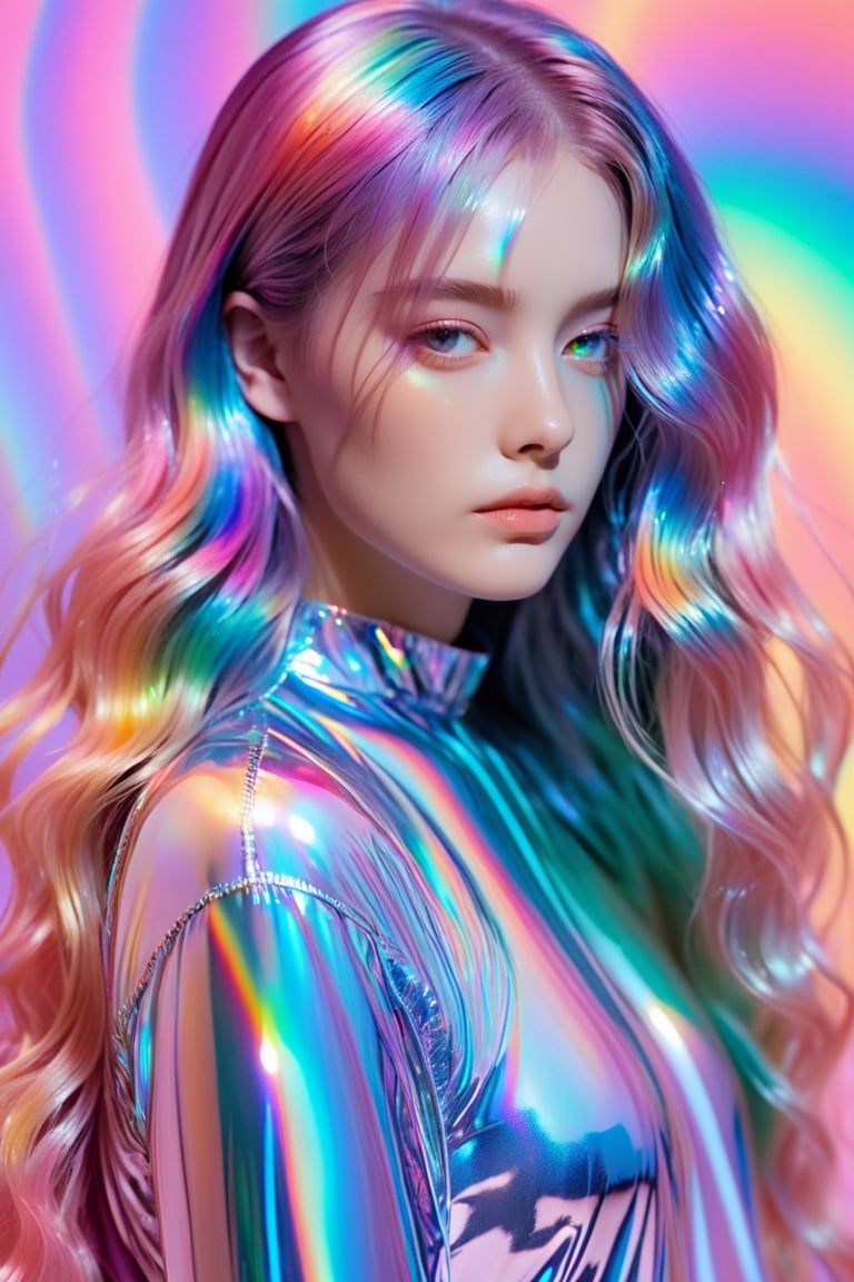 1girl, solo,long wavy hair,flowing rainbow colored holographic background,portrait, holographic, iridescent, vaporwave, fluid,niji style,realistic