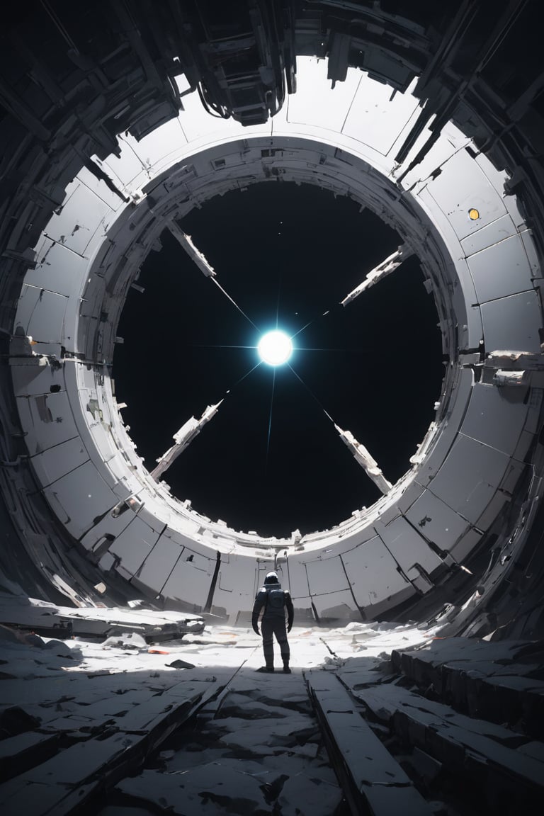 The white hole is in the center, surrounded by the ruined space station, fiction, extreme detail, dark light, cinematic