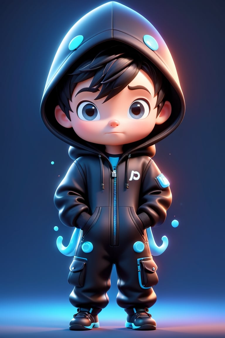 pixar,3d style,toon,illustration of a cute boy 3D render
character, wearing a black jumpsuit with a hood on,  hands in pockets,  viewed from front,  8k, 3D render style, bioluminescence, Movie Still,photo r3al,chibi,Movie Still,3d style, vibrant colors, too much light