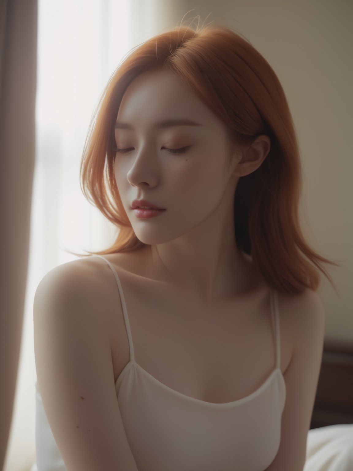 (Highest Quality, 4k, masterpiece, Amazing Details:1.1), Shallow Depth of Field, E671, lens 50mm f/2.0, wide angle picture of young 25yo submissive shy girl BREAK; ginger, Irish, pale skin with freckles, (small acne pimples, moles, and marks), big sagging breast despite her fit body figure BREAK, seducing the photographer on a ((backlights, dark boidoir:1.8)) indoors session ((with low lights, silhouette photography:2.5)), looking to camera wearing crop top lingerie while doing (weird poses:1.8), goosebumps, ultra realistic, trending on instagram, (photorealistic) (RAW Photo),old style,aesthetic portrait