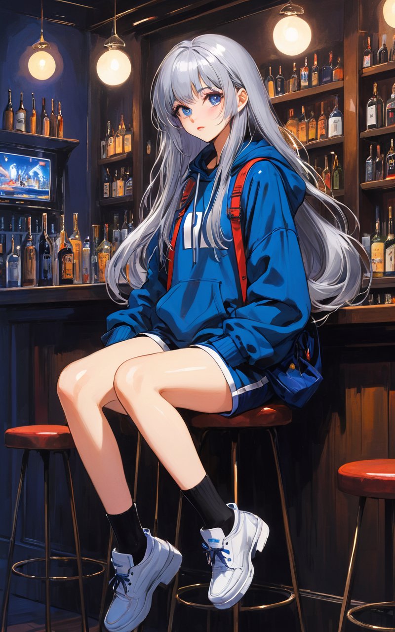 1girl, silver hair, very long hair, center parted bangs bangs, hooded sweatshirt blue dungarees garter straps loafers, sci-fi in bar midnight,