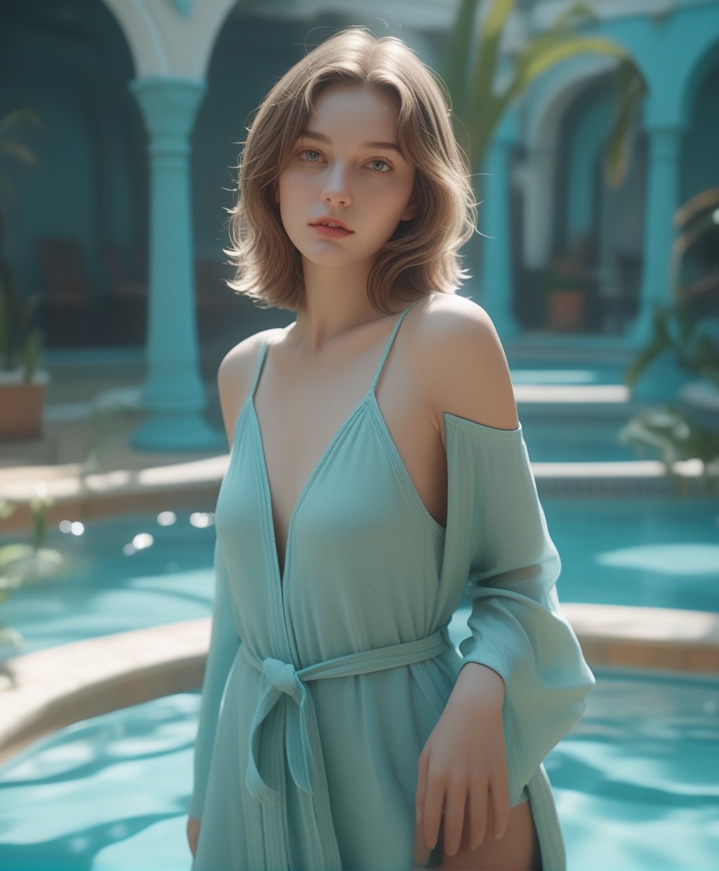 (Cinematic Photo:1.3) of (Ultra detailed:1.3) the game 'a fun place' was released this week, in the style of emotive body language, super pretty female standing in pool, flirty eyes, shoulderless colorless open robe, camille corot, close up, cutewave, aquamarine pastel colors, disco firty fun facial expression,Highly Detailed