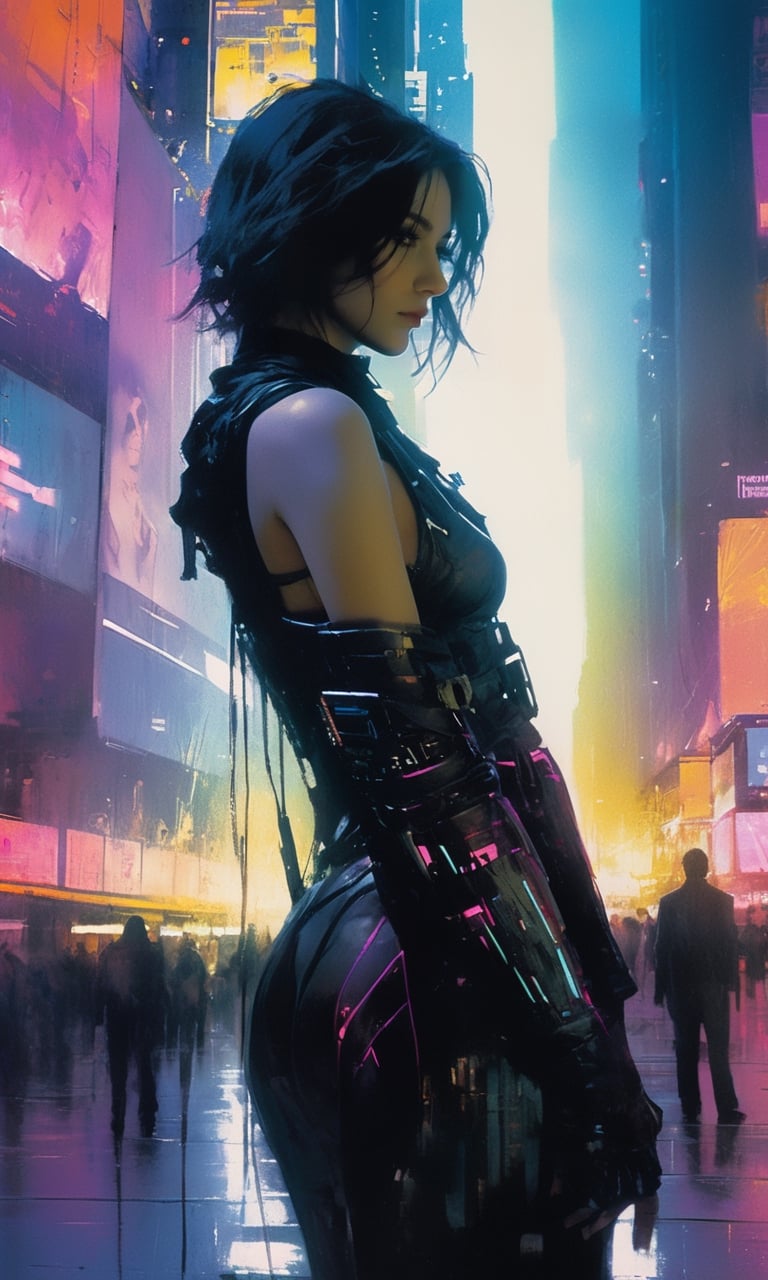 xxmixgirl,1 female detailed face time square detailed background cyberpunk shadow dramatic lighting by Bill Sienkiewicz ( SimplepositiveXLv1:0.7)