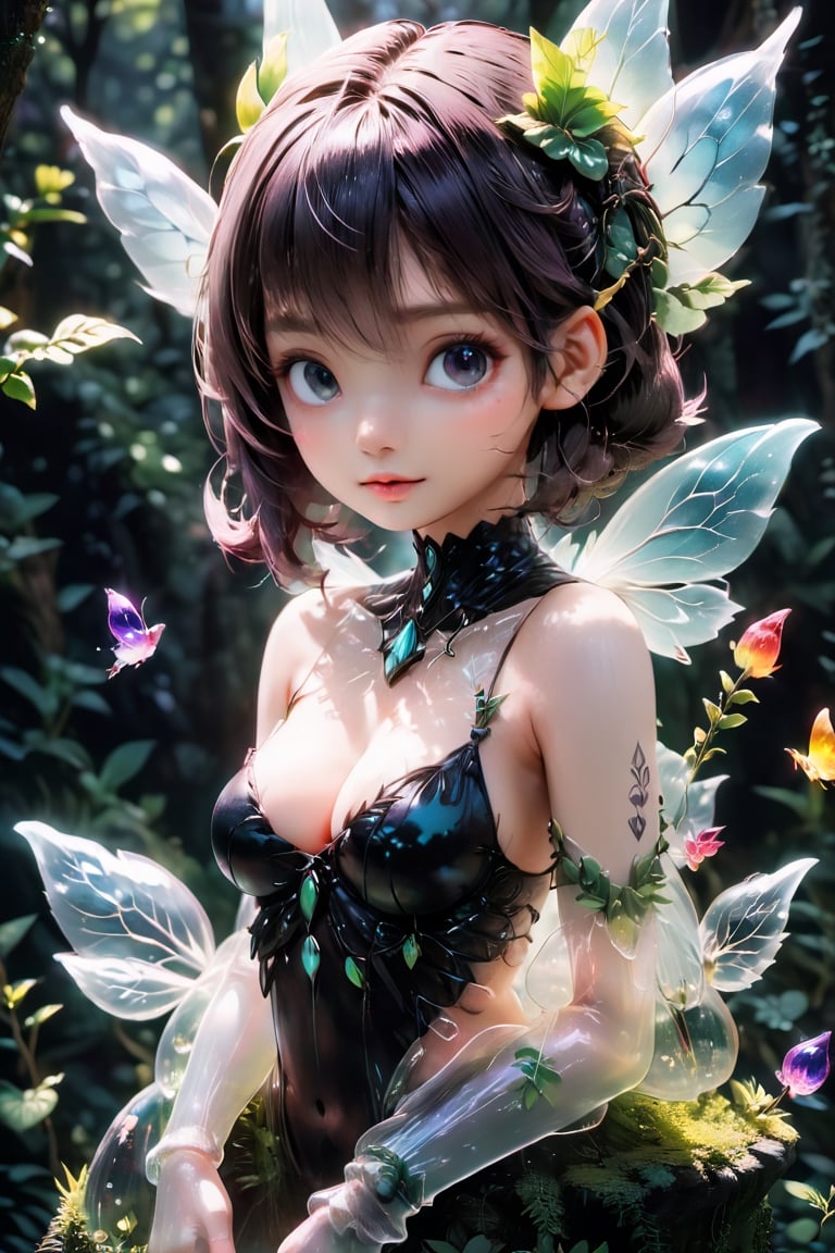 Cinematic of fairy girl, cool_vibe, small_nose, (范冰冰), realistic artwork, high detailed, professional, upper body photo of a transparent porcelain cute creature looking at viewer, with glowing backlit panels, anatomical plants, dark forest, grainy, shiny, with vibrant colors, colorful, ((realistic skin, glow,)) surreal objects floating, ((floating:1.4)), contrasting shadows, photographic, niji style, 1girl, xxmixgirl, FilmGirl, aura_glowing, colored_aura, Movie Still, final_fantasy_vii_remake, ((big_breast:1.3)),lis4