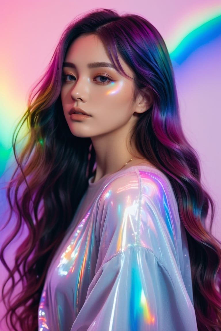 1girl, solo,long wavy hair,flowing rainbow colored holographic background,portrait, holographic, iridescent, vaporwave, fluid,niji style,realistic