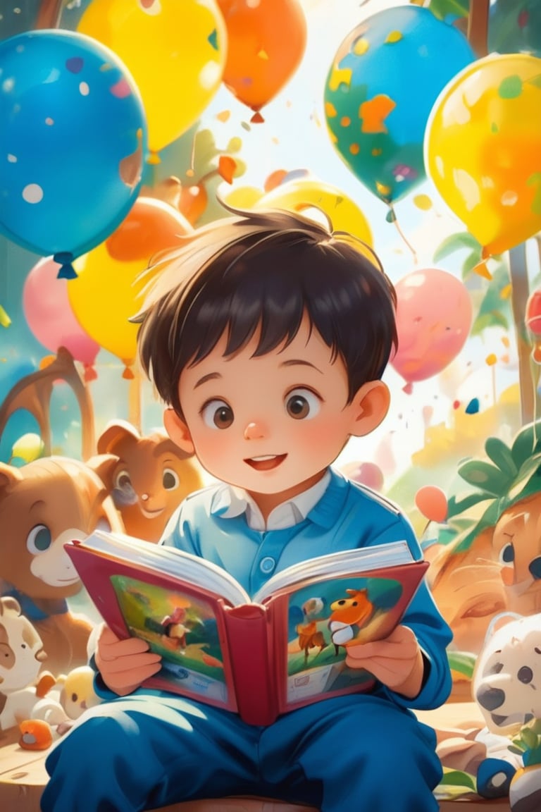 A boy child reading a book, reading, zoo, many balloons, clear focus, clutter-home, masterpiece, Bokeh, Best quality, Intricate details, 8K, Sharp Focus, Happy, kidz, pastelmix