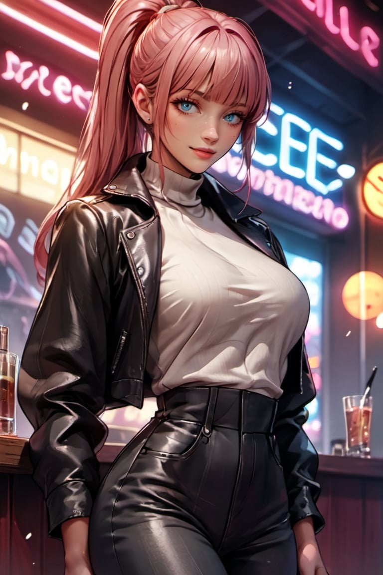 score_9, score_8_up, score_7_up, source_anime BREAK 1girl, solo, blue eyes, pink hair, long hair, ponytail, blunt bangs, breasts, cowboy shot, nightclub, neon lights, bokeh, depth of field, makeup, leather jacket, turtleneck, high waist pants, Beautiful anime style, mature manhwa,
