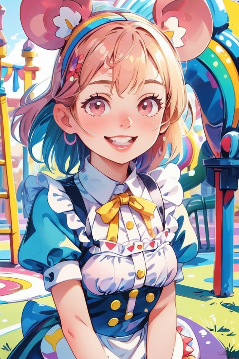 1girl, decora, mouse ears, maid outfit, neon colors, rainbow hair with ribbons, detailed 8k background of a playground with rainbow colors and crayola, smiling, teeth showing
pastelmix,kidz