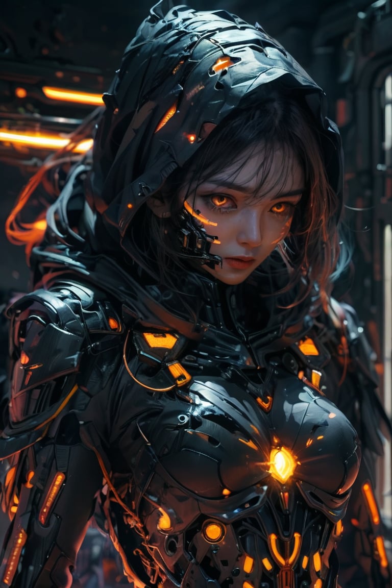 dark rugged realm, phantom warrior emerges from the shadows, clad in tattered black cyberpunk armor, etched with fiery orange circuitry, like a dark mechanical specter, The figure's face is shrouded in an impenetrable black hood, with only two blazing orange optics piercing the darkness, like hot coals from a malevolent forge, The armor is shifting and writhe like living darkness, with orange neon-like energy bleeding from the cracks, 
cosmicAngel,asianbeauty,mechagirl