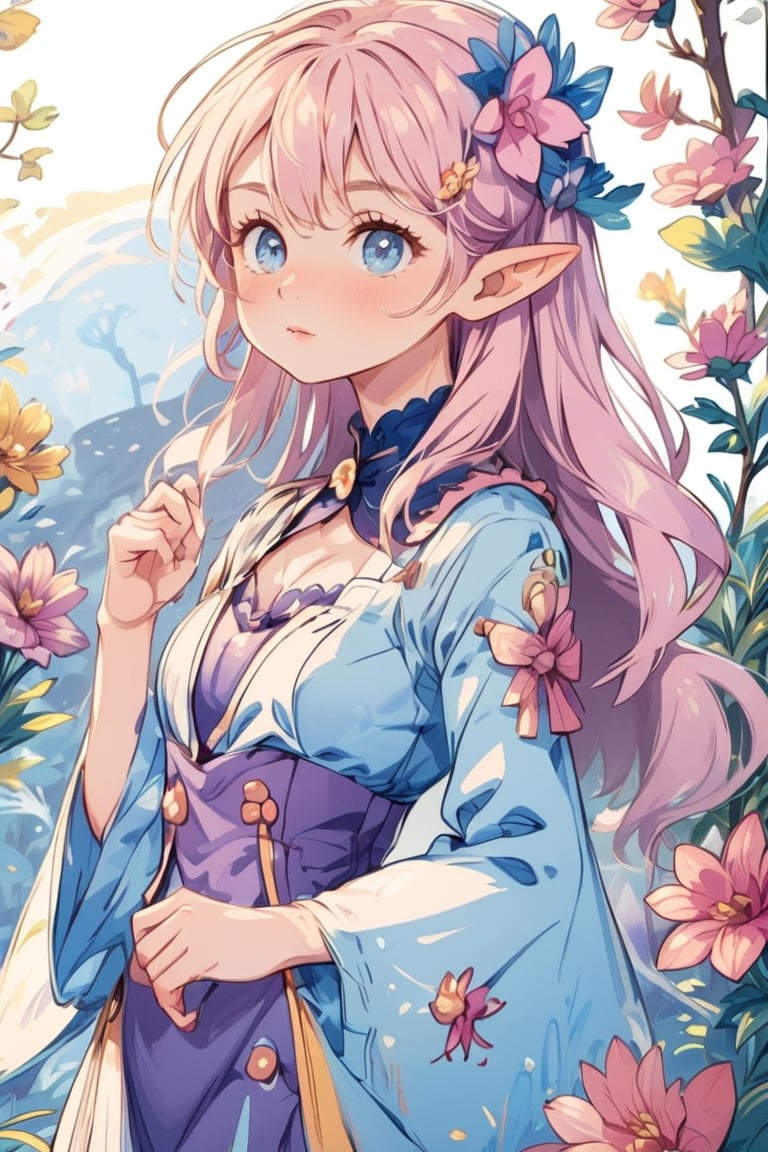 anime girl with pink hair and blue eyes in a purple dress, holding a pudica pose, elf girl wearing an flower suit, coloured line art,  in dress, colored lineart, cute anime waifu in a nice dress, soft anime illustration, flat anime style shading, splash art anime , ayaka genshin impact, anime moe artstyle
pastelmix,kidz