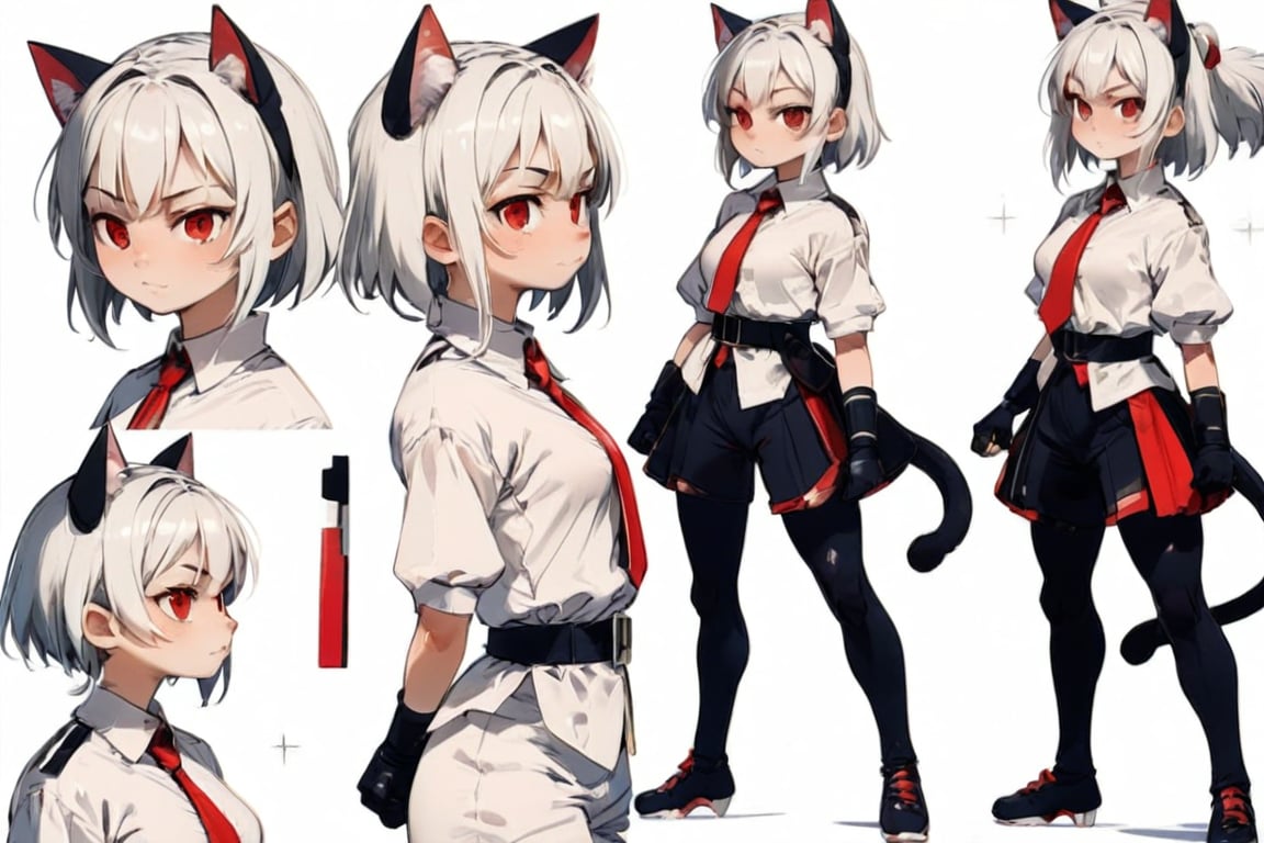 masterpiece, highly detailed, centered, Reference Material, conceptart,multiple views,white background,simple background, multiple views of the same character, (full body:1.5), BREAK PIXIV,  1girl, stands in a fighting position, boxing, (young:1.2) girl (white hair, bangs, black cat ears, red eyes, black gloves), (dressed in a white shirt, red tie, white skirt with a black belt, black choker, black tights), neon, absurdres, Expressiveh, Ultra HD, 4k image, (from side, front), charactersheet,kidz,pastelmix