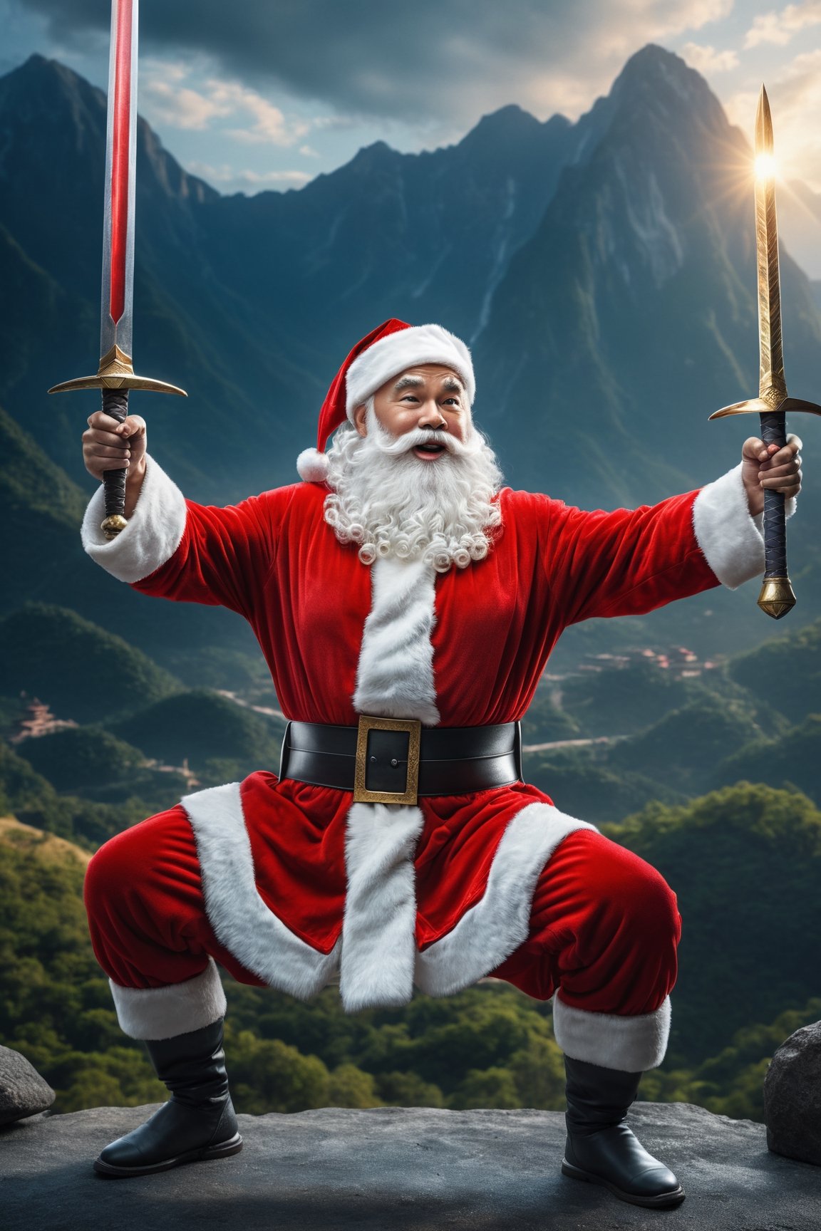 masterpiece, centered, medium shot, realistic, photorealistic, photography, santa claus training sword while heavi lifting a giang barbel, mountain park background, cinematic lighting, epic composition, epic proportion, HD
,perfect,AIDA_LoRA_valenss,hand,fingers,photo r3al,more detail XL