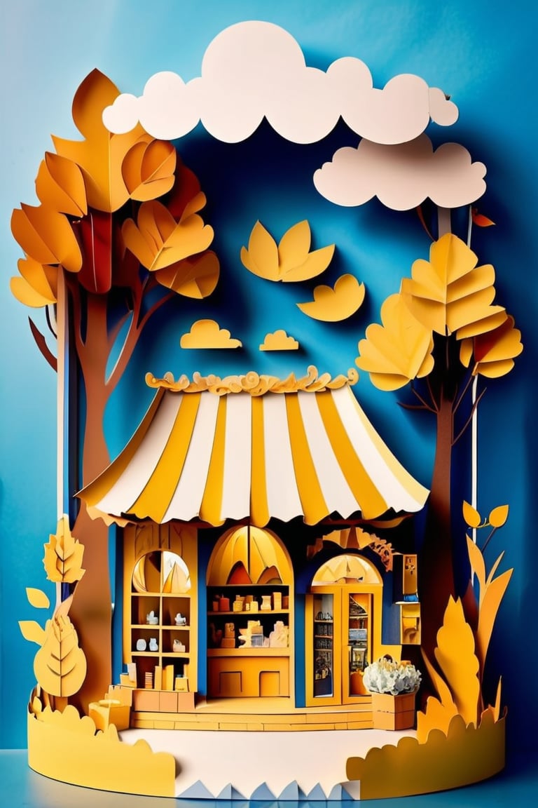 paper strip diorama, fantasy, golden hour, blue sky, clouds, scenery, autumn Christian Girl Autumn magic toy shop by a dimensional portal,papercut