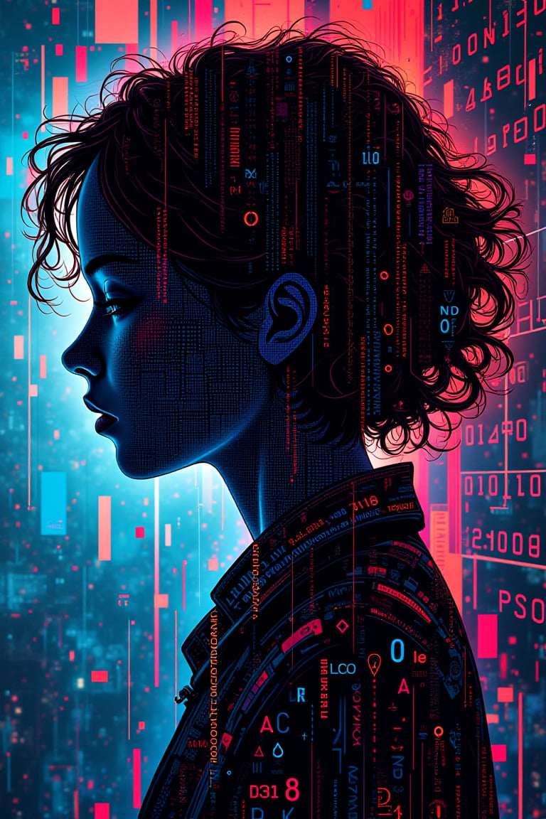 beautiful and aesthetic, illustration, surrealism, highly detailed, colorful binary code effect forming a silhouette, 1girl, portrait, weave together to create a harmonious fusion of technology and art, epic composition, epic proportion, HD,PatternMix