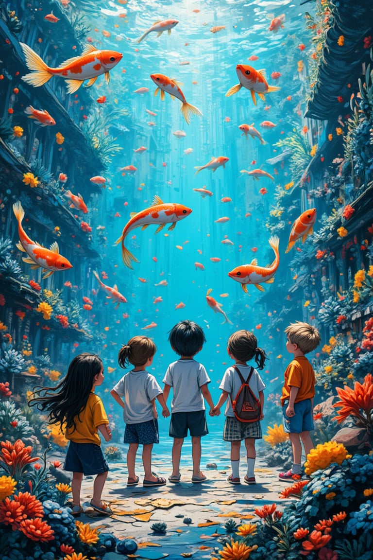 create a kids book cover with a book Title "Sea Adventure", masterpiece, mid shot, highly detailed, concept art, oil painting, gouache, hard brush, An engaging scene featuring a group of diverse kids, deep sea full of Koi fishes, working together to solve a puzzle in an underwater city, Include a mix of charming moments of cooperation, problem-solving, and discovery, while showcasing the rich and imaginative environment of the city, award winning, gibli inspired, PatternMix