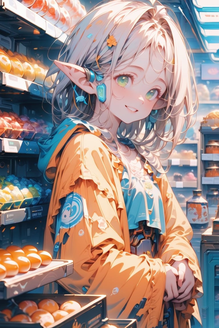 (masterpiece:1.4), (highest quality:1.4), Very detailed, complicated, Super detailed, (Perfect Face), Cyborg Elf、smile、mecha、Clothes that cover almost everything except the face、Orange robe、、Green Eyes、Upper body only、Cyberworld, Cyberpunk,shop,In the background there is a shelf of sweets.、General store、A lot of sweets