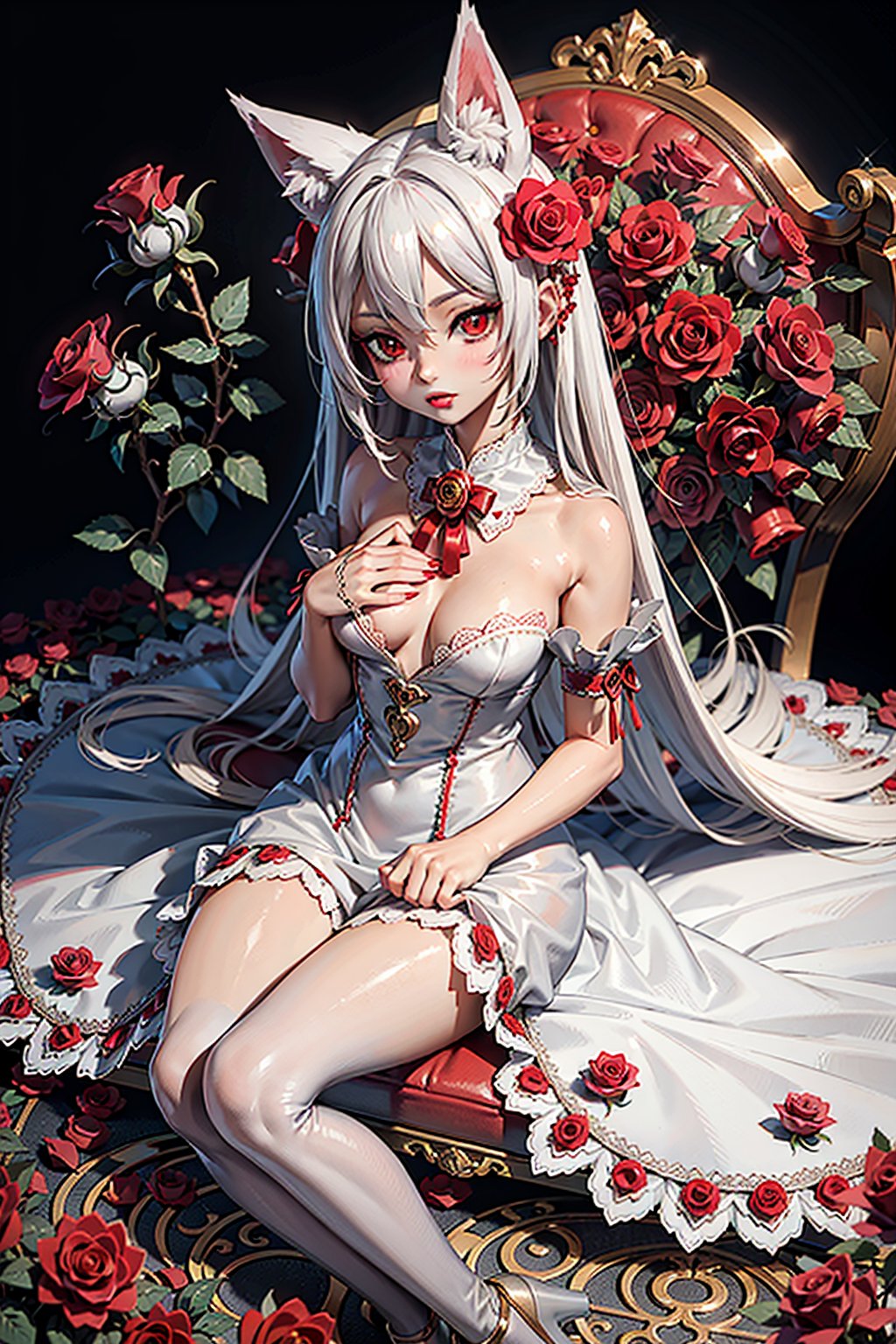 masterpiece, best quality, absurdres,1girl, gorgeous, sitting on a throne of roses, white hair, long hair, full body shot, from above, opulent, sumptous, parted lips, dreamy, longingly, (detailed face), bare belly, soft lighting, limited palette, shades of red, (red roses all over the background:1.4),nice hands, perfect hands, red eyes, small breast, ((white fox ears)), long lace dress