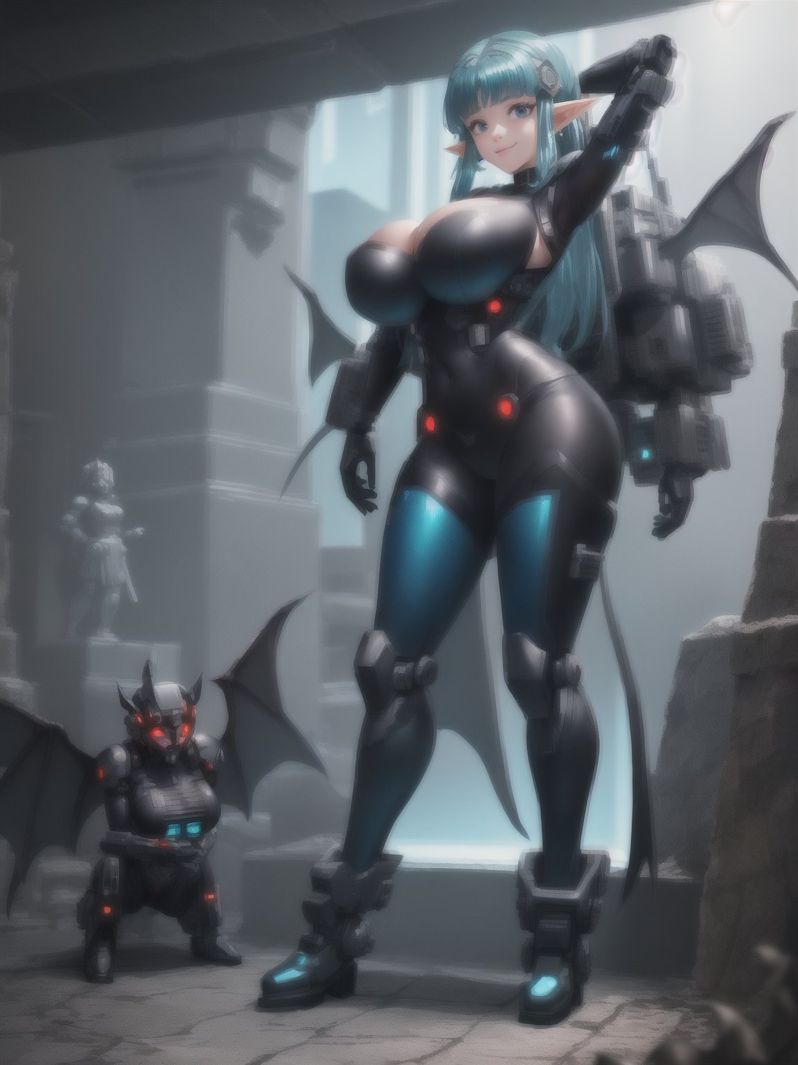 ((full body):1.5), {(Princess Zelda Cyborg)}, {((wearing black mecha costume with dark blue parts extremely tight and short on the body)), Princess Zelda has ((light blue hair and eyes light green)), ((has extremely gigantic breasts)), is looking at the viewer, smiling, ((doing erotic poses)), ((in a demonic dungeon, statues, machines, evildoers, bats))}, 16k, ultra quality, ultra detailed, maximum resolution, best sharpness, cyberpunk