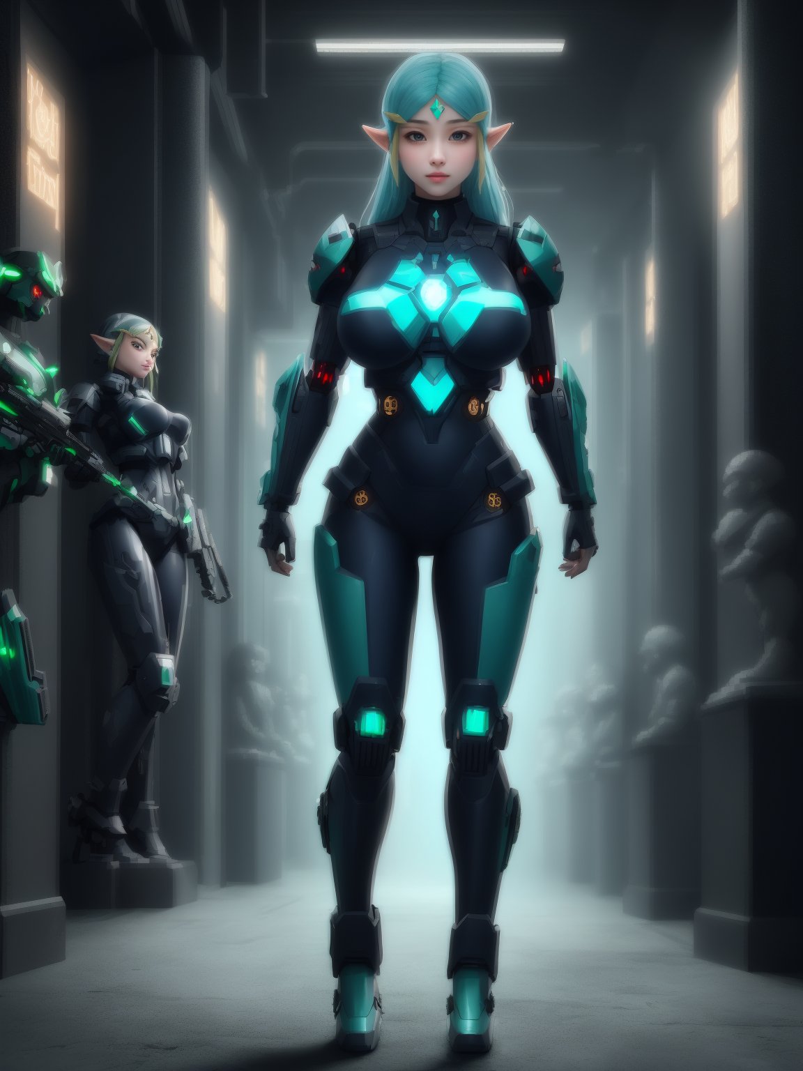 ((full body):1.5), {(Princess Zelda Cyborg)}, {((wearing black mecha costume with dark blue parts extremely tight and short on the body)), Princess Zelda has ((light blue hair and eyes light green)), ((has extremely gigantic breasts)), is looking at the viewer, smiling, ((doing erotic poses)), ((in a demonic dungeon, statues, machines, evildoers, bats))}, 16k, ultra quality, ultra detailed, maximum resolution, best sharpness, cyberpunk