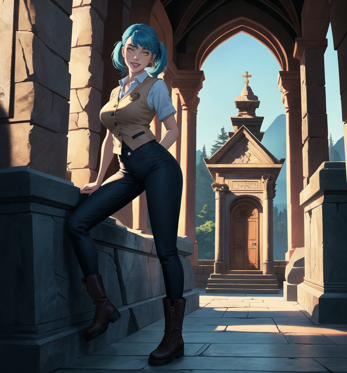 An ultra-detailed 8K masterpiece with adventure and fantasy styles, rendered in ultra-high resolution with graphic detail. | Daliny, a young 23-year-old woman, is dressed for adventure in a white short-sleeved shirt, brown leather vest, sturdy fabric pants and high boots. Hers ((short blue hair)) has a mohawk style, with two long pigtails held together with silver clips. ((Her bright yellow eyes look straight at the viewer as she smiles and shows her white teeth)), wearing bright red lipstick that highlights her thin lips. Mary is located in a macabre tomb, surrounded by ancient rock structures, a stone altar, pillars adorned with ancient emblems, and decaying wooden structures. The atmosphere is dense and mysterious, with shadows dancing on the walls and a cold wind blowing through the cracks. | The image highlights Daliny's imposing and adventurous figure, contrasting with the dark and mysterious environment of the macabre tomb. The ancient rock structures, the stone altar, the tall pillars and the decaying wooden structures, together with the shadows and the cold wind, create an atmosphere mixed between ancient and mysterious. The tomb's artificial lighting creates dramatic shadows and highlights the details of the scene. | Soft, shadowy lighting effects create a tense, mysterious atmosphere, while detailed textures on skin, fabrics and structures add realism to the image. | A sensual and adventurous scene of a young woman in a macabre tomb, exploring themes of fantasy and adventure. | (((The image reveals a full-body shot as Daliny assumes a sensual pose, engagingly leaning against a structure within the scene in an exciting manner. She takes on a sensual pose as she interacts, boldly leaning on a structure, leaning back and boldly throwing herself onto the structure, reclining back in an exhilarating way.))). | ((((full-body shot)))), ((perfect pose)), ((perfect arms):1.2), ((perfect limbs, perfect fingers, better hands, perfect hands, hands)), ((perfect legs, perfect feet):1.2), ((perfect design)), ((perfect composition)), ((very detailed scene, very detailed background, perfect layout, correct imperfections)), Enhance, Ultra details++, More Detail, poakl