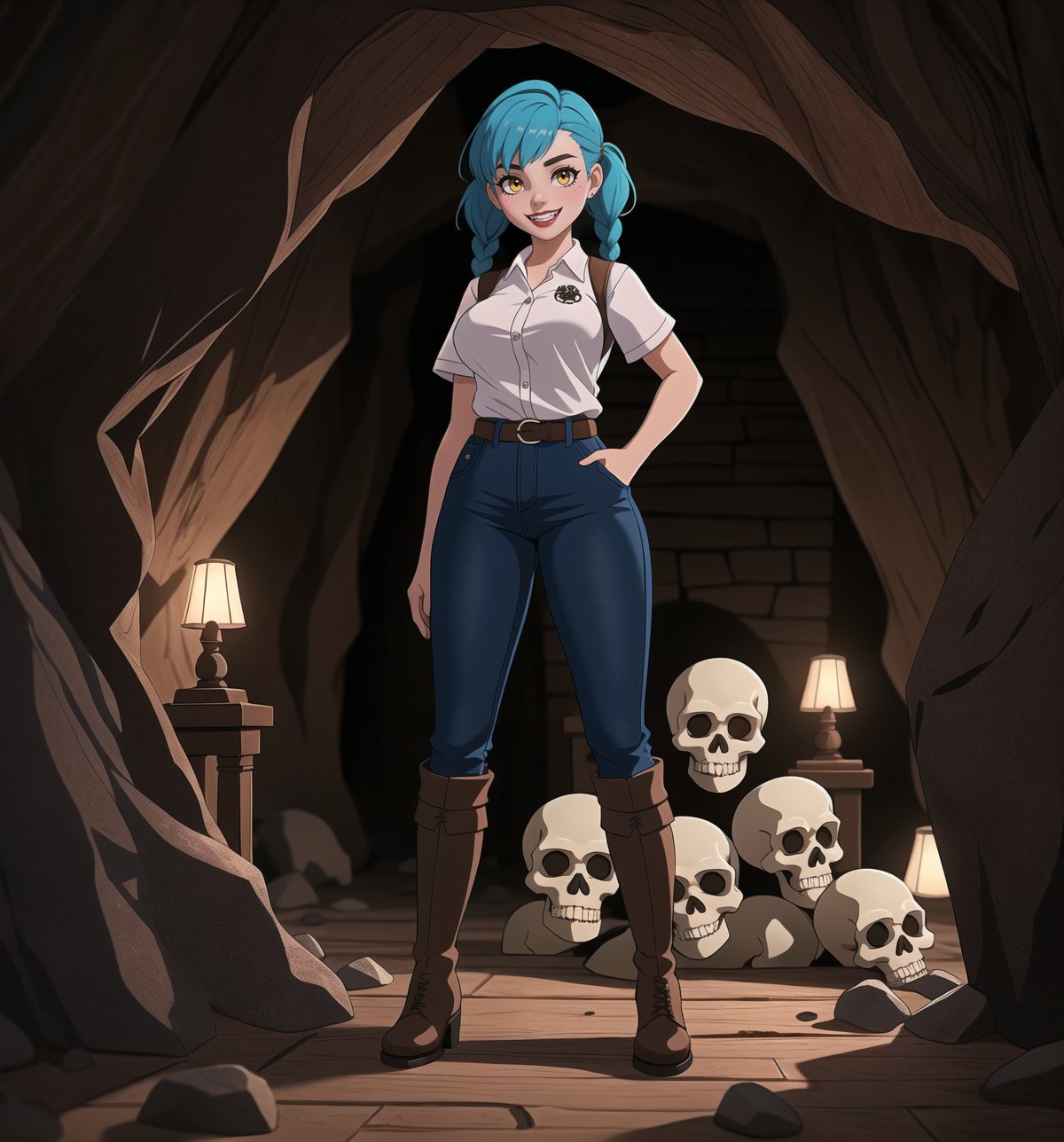 An ultra-detailed 8K masterpiece with adventure and fantasy styles, rendered in ultra-high resolution with graphic detail. | Darla, a young 23-year-old woman, is dressed for adventure in a white short-sleeved shirt, brown leather vest, sturdy fabric pants and tall boots. Her short blue hair is styled in a mohawk, with two long pigtails secured with silver barrettes and two small braids adding a feminine touch. Her bright yellow eyes look directly at the viewer as she ((smiles and shows her white teeth)), wearing bright red lipstick that highlights her thin lips. Darla is located in a macabre cave, surrounded by rock structures, wooden structures, and an altar, with skulls and skeletons scattered across the floor. The atmosphere is dense and mysterious, with shadows dancing on the walls and a cold wind blowing through the cracks. | The image highlights Darla's imposing and adventurous figure, contrasting with the dark and mysterious environment of the macabre cave. The rock structures, wooden structures and the altar, together with the skulls and skeletons scattered across the ground, create a mixed atmosphere between macabre and mysterious. The cave's artificial lighting creates dramatic shadows and highlights the details of the scene. | Soft, shadowy lighting effects create a tense, mysterious atmosphere, while detailed textures on skin, fabrics and structures add realism to the image. | A sensual and adventurous scene of Darla in a macabre cave, exploring themes of fantasy and adventure. | (((The image reveals a full-body shot as Darla assumes a sensual pose, engagingly leaning against a structure within the scene in an exciting manner. She takes on a sensual pose as she interacts, boldly leaning on a structure, leaning back and boldly throwing herself onto the structure, reclining back in an exhilarating way.))). | ((((full-body shot)))), ((perfect pose)), ((perfect arms):1.2), ((perfect limbs, perfect fingers, better hands, perfect hands, hands)), ((perfect legs, perfect feet):1.2), ((huge breasts)), ((perfect design)), ((perfect composition)), ((very detailed scene, very detailed background, perfect layout, correct imperfections)), Enhance, Ultra details++, More Detail, poakl