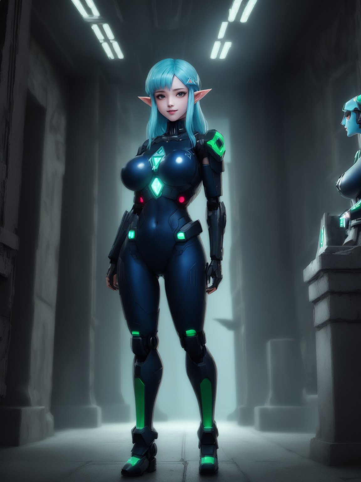 ((full body):1.5), {(Princess Zelda Cyborg)}, {((wearing black mecha costume with dark blue parts extremely tight and short on the body)), Princess Zelda has ((light blue hair and eyes light green)), ((has extremely gigantic breasts)), is looking at the viewer, smiling, ((doing erotic poses)), ((in a demonic dungeon, statues, machines, evildoers, bats))}, 16k, ultra quality, ultra detailed, maximum resolution, best sharpness, cyberpunk