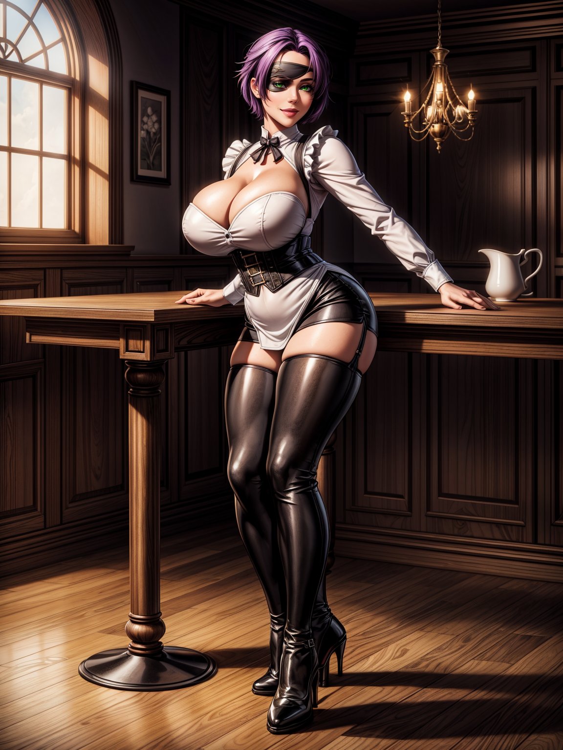 A woman black maid's outfit with white parts, short white pants, brown shoes, extremely tight and tight clothing on the body, gigantic breasts, purple hair, very short hair, stuck hair, bangs in front of the eyes, ((an eye-to-eye patch)), looking at the viewer, (((erotic pose interacting and leaning on an object))), in a restaurant, furniture, dining table, window, ((full body):1.5). 16k, UHD, best possible quality, ((best possible detail):1), best possible resolution, Unreal Engine 5, professional photography, perfect_hands