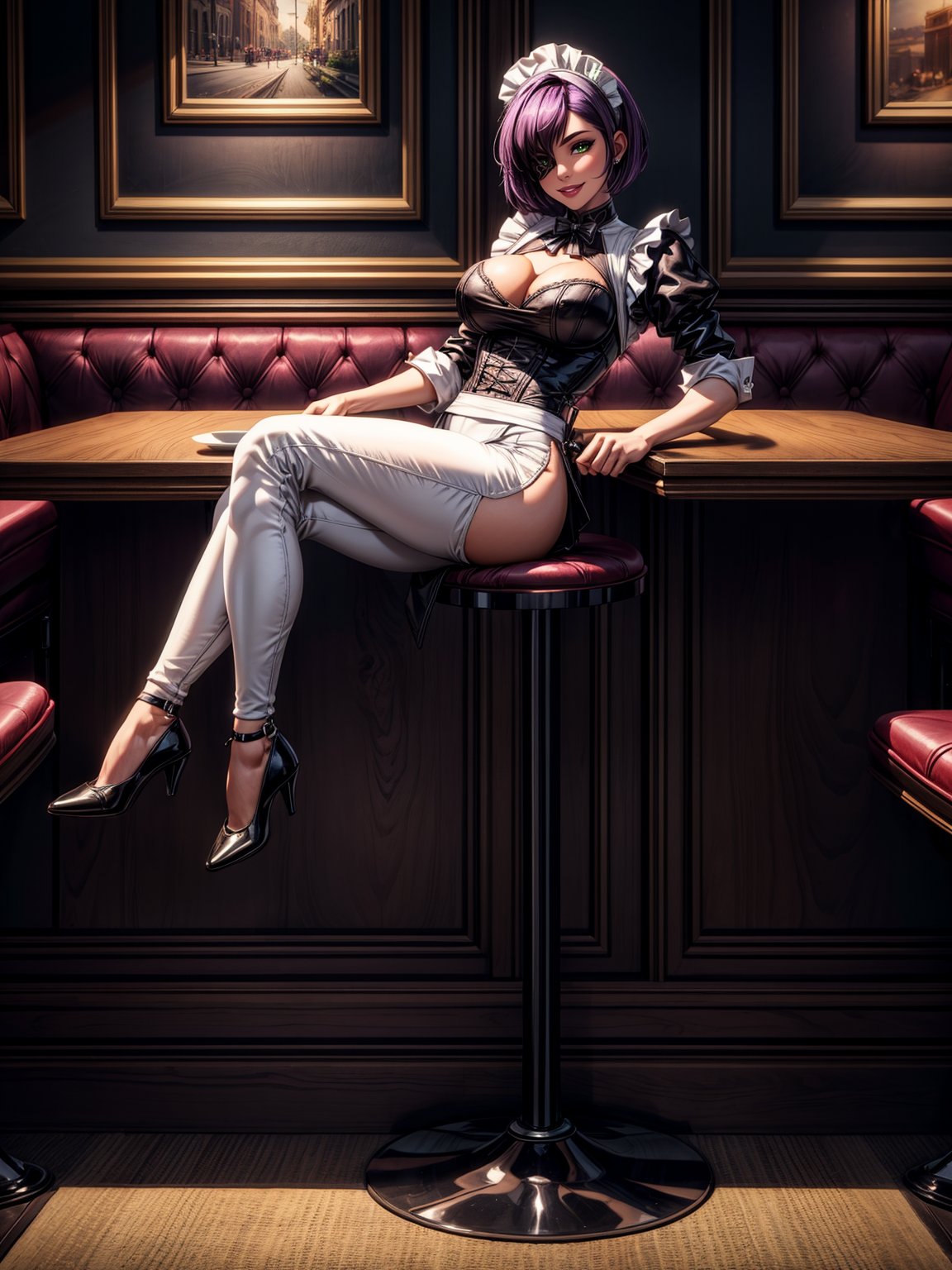 A woman black maid's outfit with white parts, short white pants, brown shoes, extremely tight and tight clothing on the body, gigantic breasts, purple hair, very short hair, stuck hair, bangs in front of the eyes, (an eye-to-eye patch), looking at the viewer, (((erotic pose interacting and leaning on an object))), in a restaurant, furniture, dining table, window, ((full body):1.5). 16k, UHD, best possible quality, ((best possible detail):1), best possible resolution, Unreal Engine 5, professional photography, perfect_hands