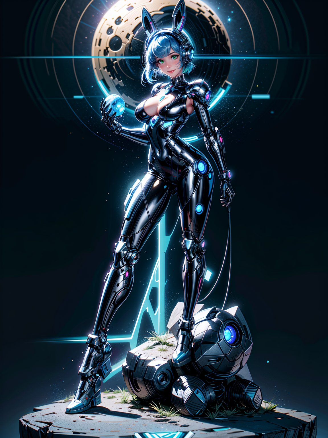 A woman, wearing black rabbit robotic costume with parts in blue+wick costume with bright lights+golden armor, gigantic+firm breasts, blue hair, very short hair, chanel hair with bangs, bangs in front of the eyes, helmet on the head, looking at the viewer, (((erotic pose interacting and leaning on an object))), in a cybernetic temple with machines,  altars, robots, teleportation, mountain backgrounds made of cybernetic style metal at night with a moon made of metal at the top right, ((full body):1.5). 16k, UHD, best possible quality, ((best possible detail):1), best possible resolution, Unreal Engine 5, professional photography, ((Super Metroid)), perfect_hands