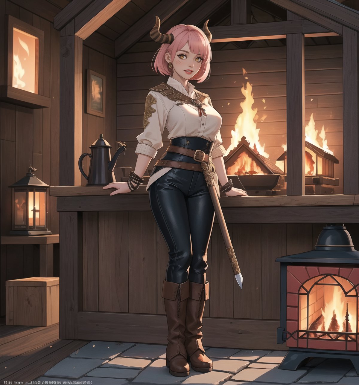 An ultra-detailed 16K masterpiece with a warm, fantasy style, rendered in ultra-high resolution with realistic details. | Brynhildr, a 30-year-old woman, is dressed in a Viking warrior outfit consisting of brown leather armor, a white tunic, black pants, and brown leather boots. She also wears a metal helmet with horns, metal bracelets on her wrists, a brown leather belt around her waist, and a sword in her scabbard. Her short pink hair is tousled in a modern, shaggy cut. Her golden eyes are looking straight at the viewer as she smiles and shows her teeth, wearing bright red lipstick and war paint on her face. It is located in a wooden and stone house with rock structures, wooden structures and a rock stove around it. The light from the fire illuminates the place, creating a warm and welcoming atmosphere. | The image highlights Brynhildr's sensual figure and the architectural elements of the wooden and stone house. The rock structures, wooden structures and rock stove create a warm and welcoming environment. The light from the fire illuminates the scene, creating dramatic shadows and highlighting the details of the scene. | Warm, colorful lighting effects create a warm and welcoming atmosphere, while rough, detailed textures on the wooden structures and costume add realism to the image. | A sensual and cozy scene of a Viking warrior woman in a wooden house with stone, fusing elements of cozy art and fantasy. | (((The image reveals a full-body shot as Brynhildr assumes a sensual pose, engagingly leaning against a structure within the scene in an exciting manner. She takes on a sensual pose as she interacts, boldly leaning on a structure, leaning back and boldly throwing herself onto the structure, reclining back in an exhilarating way.))). | ((((full-body shot)))), ((perfect pose)), ((perfect limbs, perfect fingers, better hands, perfect hands, hands))++, ((perfect legs, perfect feet))++, ((huge breasts)), ((perfect design)), ((perfect composition)), ((very detailed scene, very detailed background, perfect layout, correct imperfections)), Enhance++, Ultra details++, More Detail++