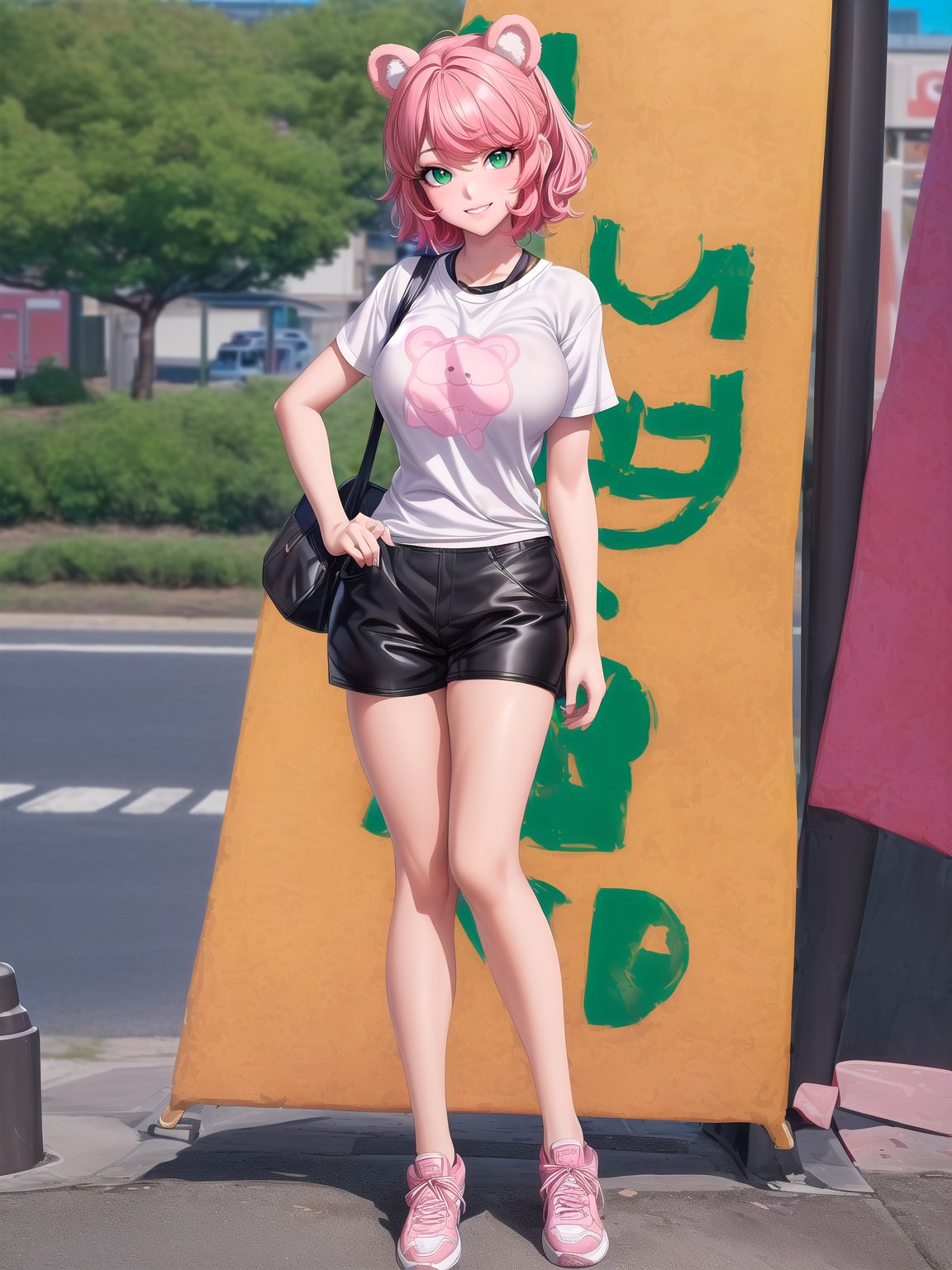 {((1woman)}, {((white t-shirt with teddy bear print, short black shorts)), ((pink hair, very short, green eyes)), ((has extremely large breasts)), ((looking at the viewer, doing sensual pose, holding, manic smile)), ((at a bus stop, in a line, people with different ethnicities, various people, people waiting)}, ((full-body):1.5), masterpiece,  16k, UHD, Better quality, better resolution, better detail