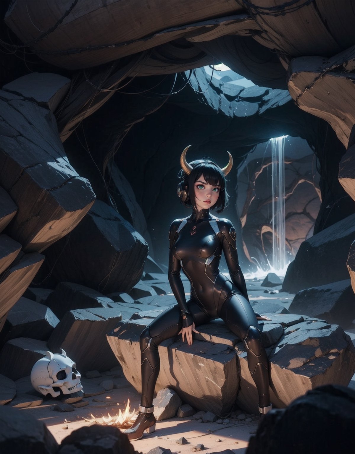 Quality in 16K, Super Metroid-style combined with futuristic elements. | In a volcanic cave filled with rocky and technological structures, a beautiful demon woman, with large black horns and a completely black mecha musume outfit, is adopting a sensual pose. Leaning back in a sensual way, she stares directly at the viewer with a challenging and angry look. Short blue hair with a large fringe beside the right eye and two cybernetic hair clips add a distinctive touch. Golden triangular lights adorn the tight suit, while a large futuristic headphone complements the look. | Composition in a unique perspective, the camera very close to the character, highlighting all the details, from the furious facial expressions to the complexity of the suit. The cave is illuminated by a waterfall of volcanic lava, revealing rocky structures, technological machinery, and altars with demonic writings. Horned skulls thrown on the ground complete the hellish scenery. | Global lighting effects enhance the demonic characteristics of the character, providing maximum sharpness and resolution. | A challenging demon woman in a sensual pose in the volcanic cave. | She is adopting a ((sensual pose as interacts, boldly leaning on a large structure in the scene, leaning back in a sensual way, adding a unique touch to the scene.):1.3), ((full body image)), perfect hand, fingers, hand, perfect, better_hands, More Detail,