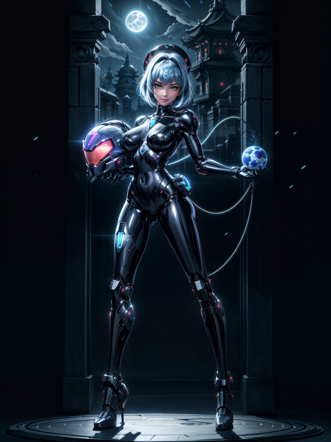 A woman, wearing black rabbit robotic costume with parts in blue+wick costume with bright lights+golden armor, gigantic+firm breasts, blue hair, very short hair, chanel hair with bangs, bangs in front of the eyes, helmet on the head, looking at the viewer, (((erotic pose interacting and leaning on an object))), in a cybernetic temple with machines,  altars, robots, teleportation, mountain backgrounds made of cybernetic style metal at night with a moon made of metal at the top right, ((full body):1.5). 16k, UHD, best possible quality, ((best possible detail):1), best possible resolution, Unreal Engine 5, professional photography, ((Super Metroid)), perfect_hands